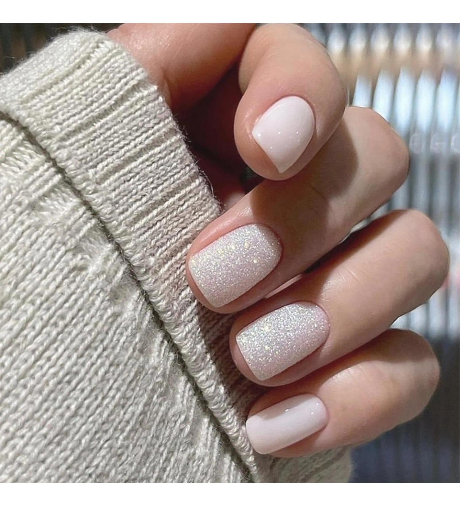 Vanpiece French False Nails Short Nude Pink Full Cover Fake Nails Artificial Square Press on Nails French Tip Short Square Acrylic Fake Nails with Glitter Design for Women and Girls Nail Art 02# - Buy Online on GoSupps.com