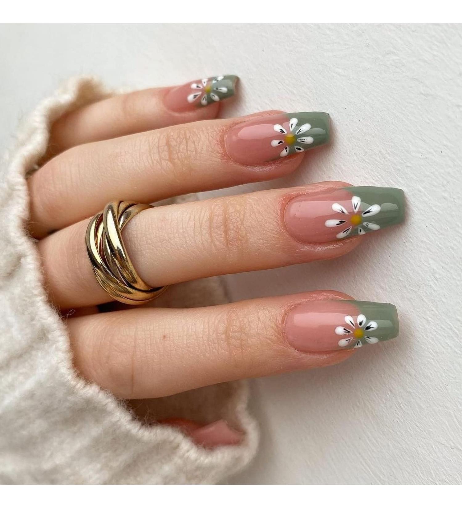 IMSOHOT Green Glossy Flower Press on Nails - Medium Length French Cute False Nails for Women and Girls - Buy Online on GoSupps.com