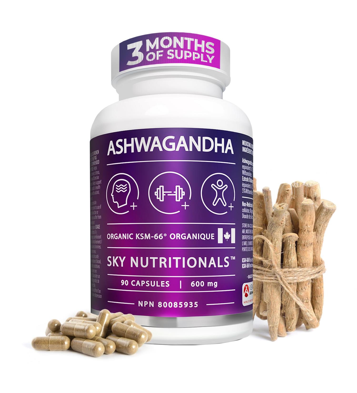 Sky Nutritionals 100% Pure Ashwagandha KSM-66 Capsules | 3 MONTH SUPPLY (90 x 600 MG) | Organic Full Spectrum KSM-66 Ashwagandha Supplement | Tension Relief & Resistance Memory Support & Sleep Aid 90 count (Pack of 1) - Buy Online on GoSupps.com