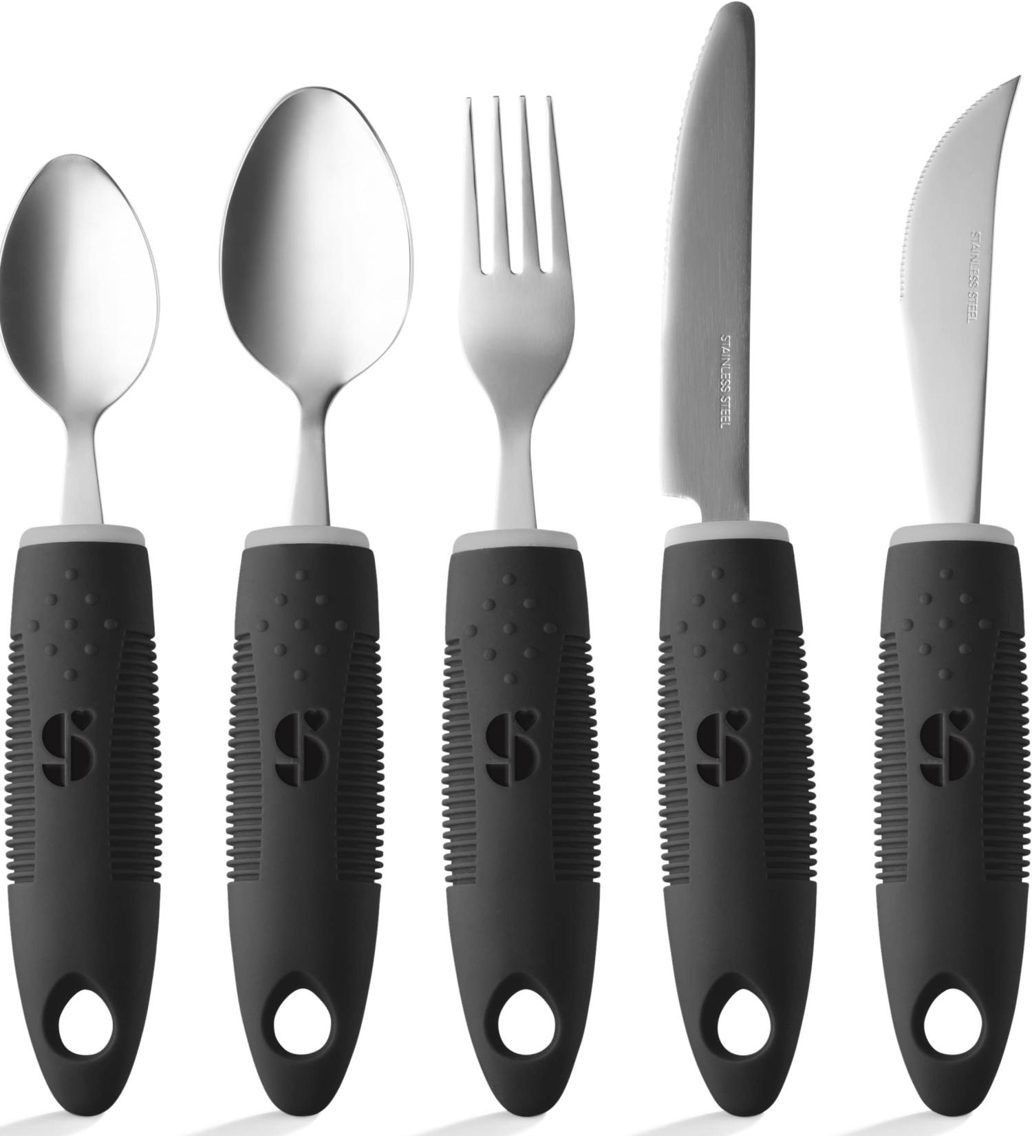 Special Supplies Adaptive Utensils - 5-Piece Kitchen Set for Hand Tremors, Arthritis, Parkinsons, Elderly - Non-Weighted, Non-Slip Handles - Stainless Steel Knives, Fork, Spoons (Black) - Buy Online on GoSupps.com