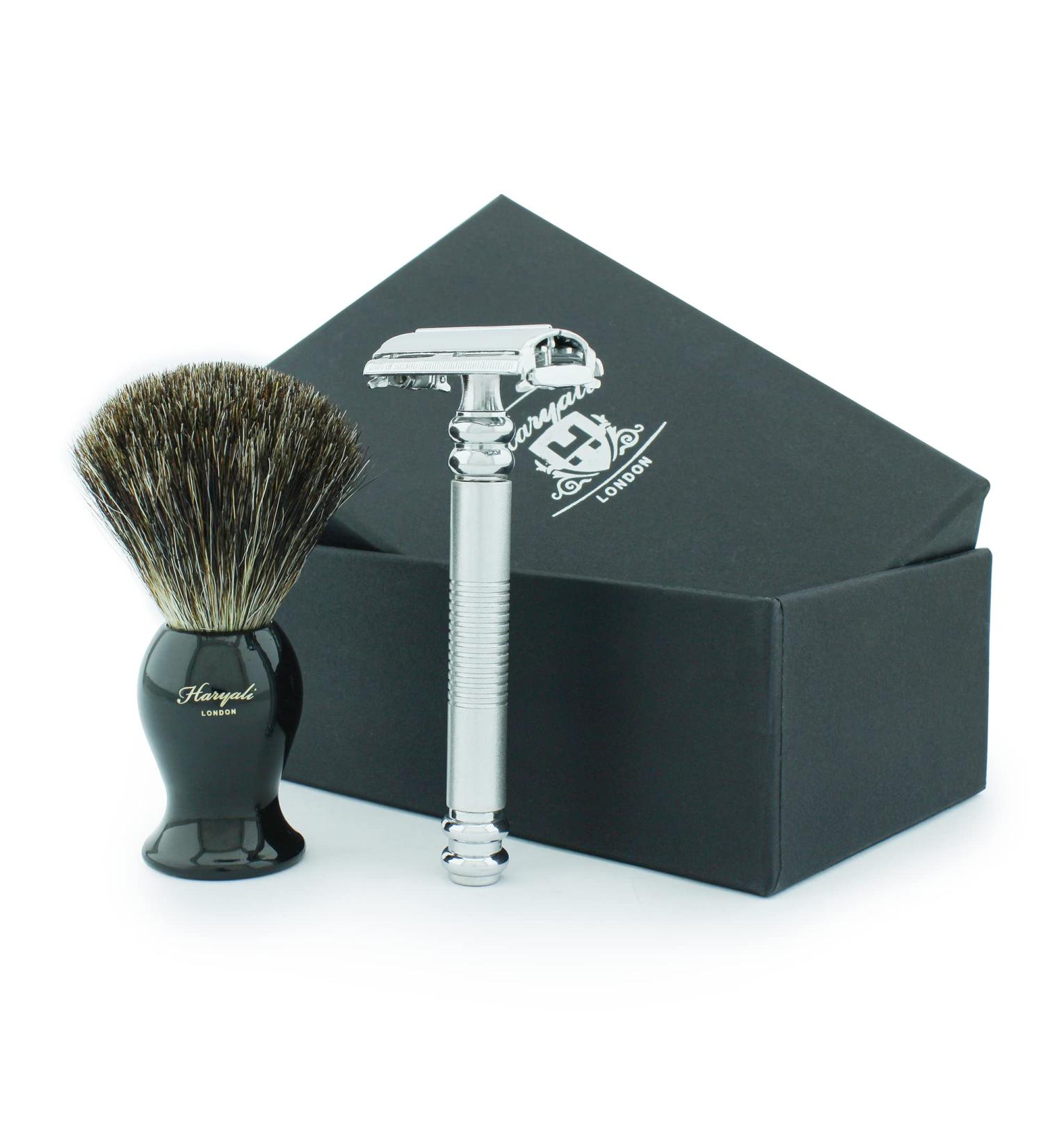 Men's Silver Butterfly Safety Razor & Black Badger Hair Brush - Stainless Steel No Blades Included | International Shipping - Buy Online on GoSupps.com