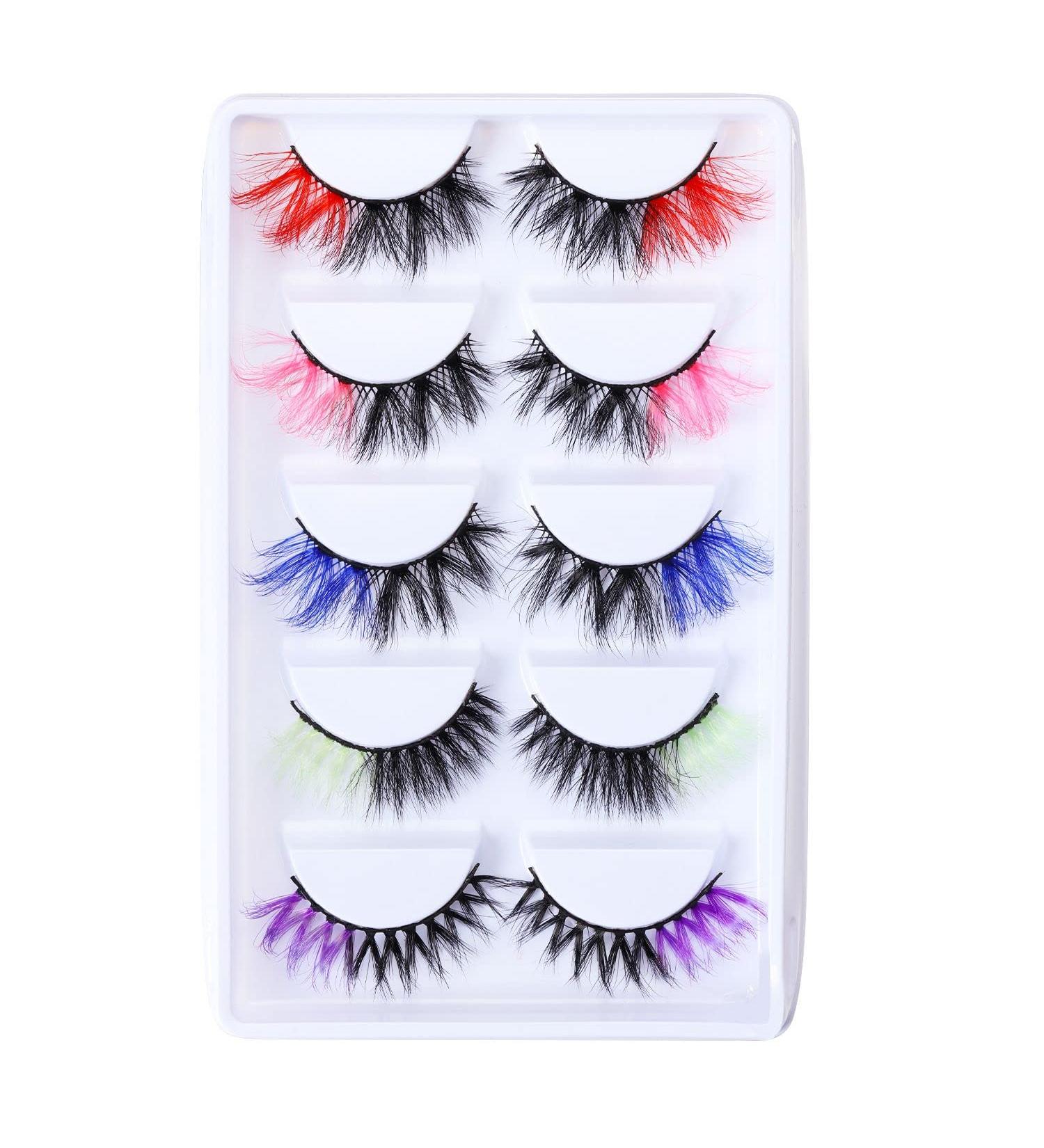Gootrades 5 Pairs 3D Colored False Eyelashes Pack - Fluffy Faux Mink Color Eye Lashes Strip for Daily Christmas Cosplay - Red/Pink/Blue/Green/Purple Two-Toned Fake Lashes - Buy Online on GoSupps.com