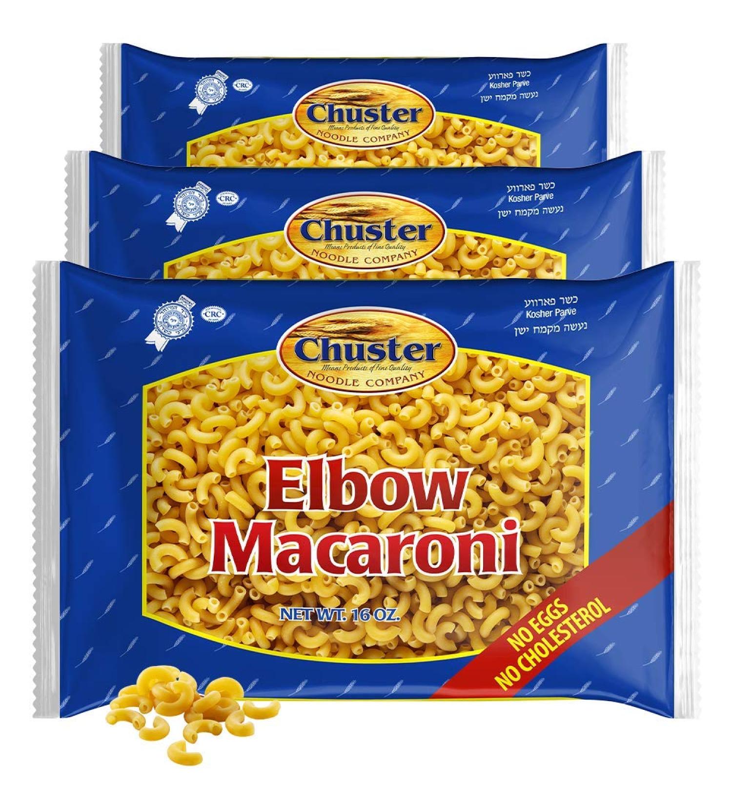 Chuster Elbow Macaroni Pasta Noodle | Vitamin Enriched | Ideal for Meat, Cheese, and Butter Sauces | Cooks in 15 Min | All Natural, Sodium and Cholesterol Free | Kosher Parve | 3 Pack - 16oz (1 lb) each - Buy Online on GoSupps.com