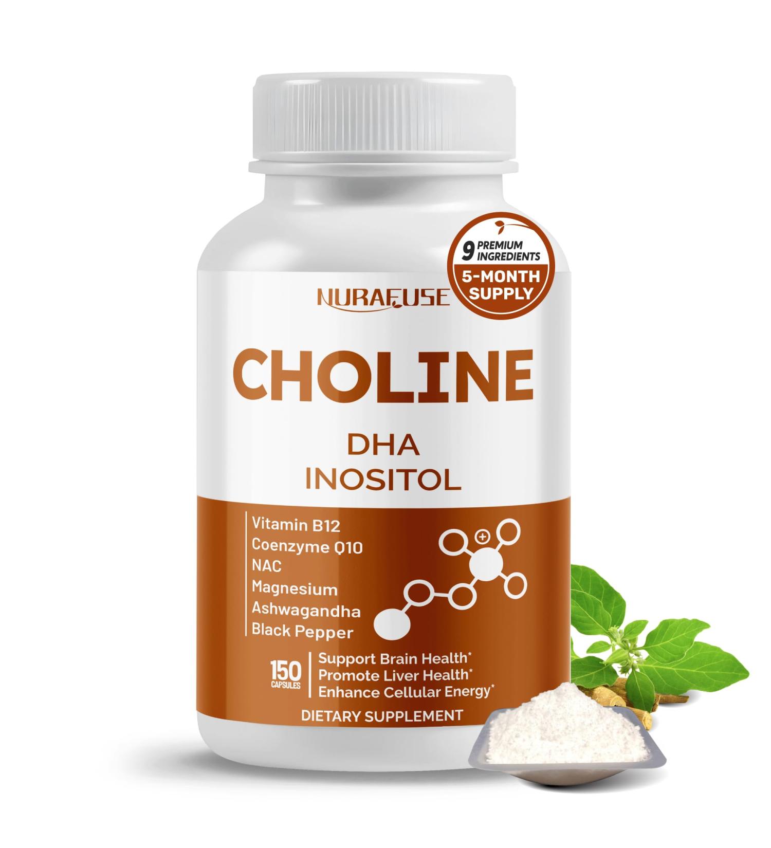Choline with DHA Inositol Vitamin B12 Coenzyme Q10 NAC Magnesium Ashwagandha Supports Brain Health Promotes Liver Health Made in The USA 150 count (pack of 1) - Buy Online on GoSupps.com