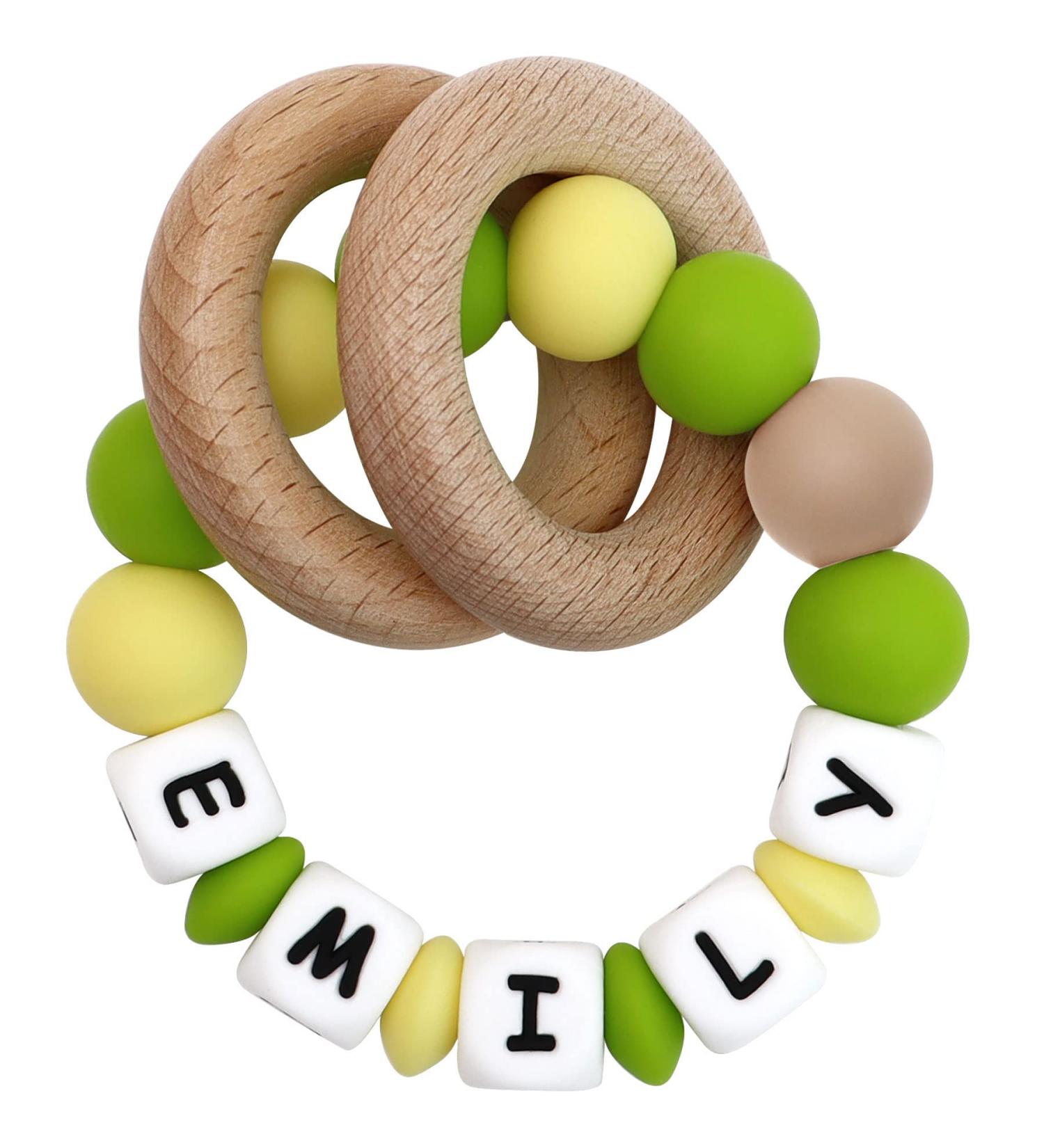 Personalized Teether Rattle Ring with Baby Name | Food Grade Silicone Sensory Chew Bracelet | Organic Beech Wood Teething Rings | Boy Girl Teething Toy - Buy Online on GoSupps.com