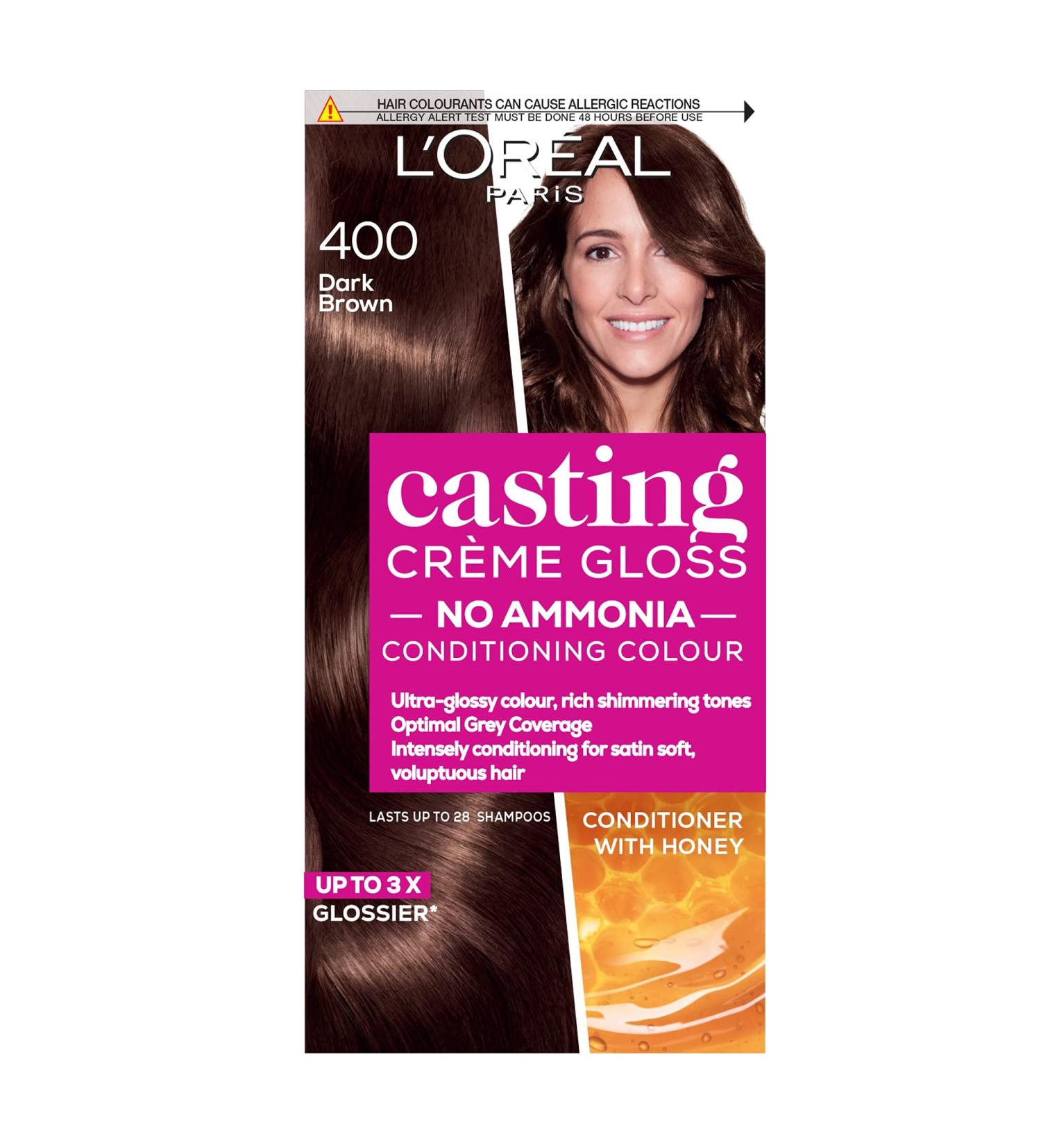 L'Oreal Paris Ammonia-Free Semi-Permanent Hair Dye 400 Dark Brown Glossy Hair Colour 28 Shampoos Casting Cr me Gloss - 1 Application - Buy Online on GoSupps.com