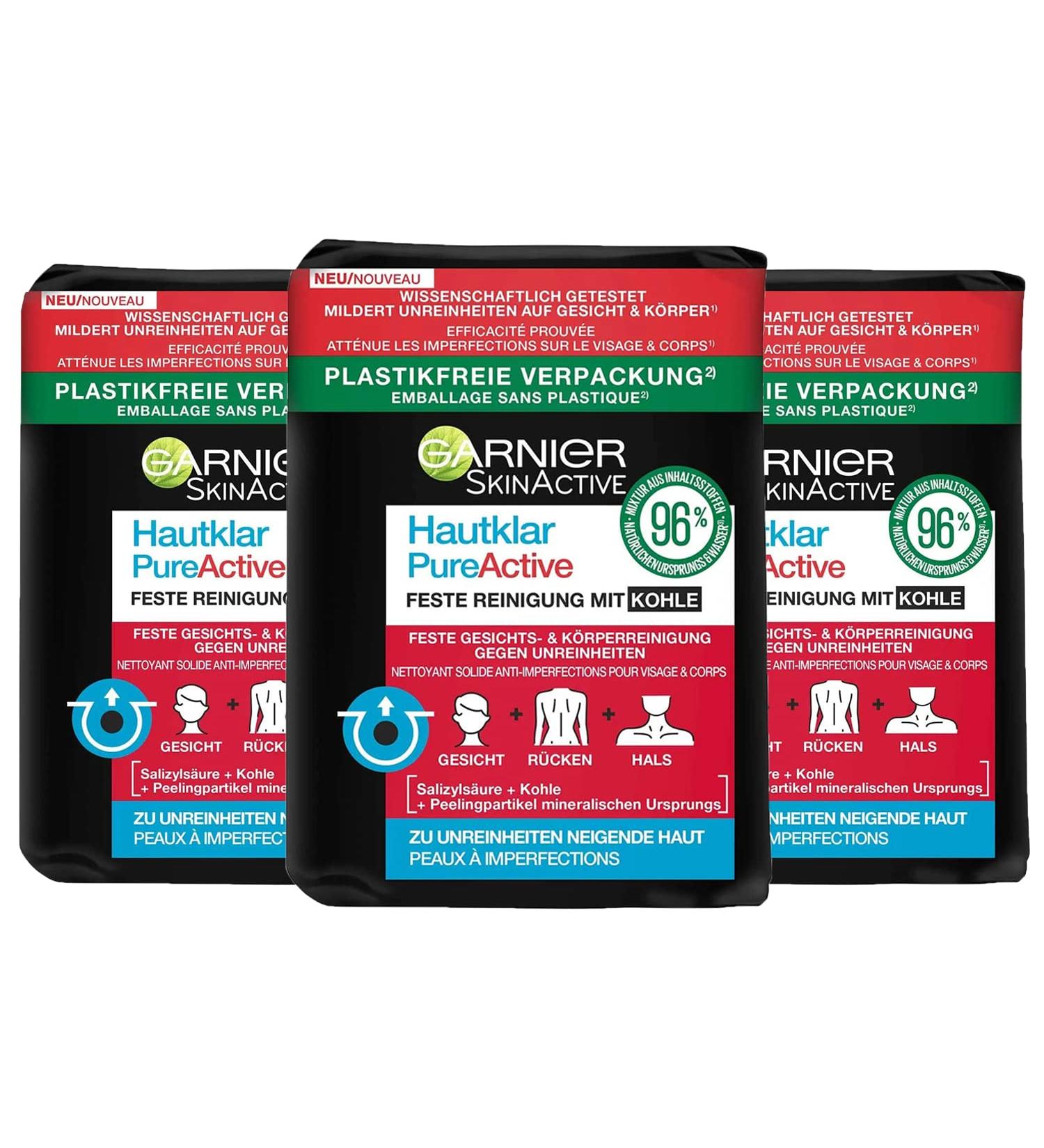 Garnier PureActive Lot de 3 nettoyants solides pour le visage avec du charbon de bois 100 g chacun 1 paquet