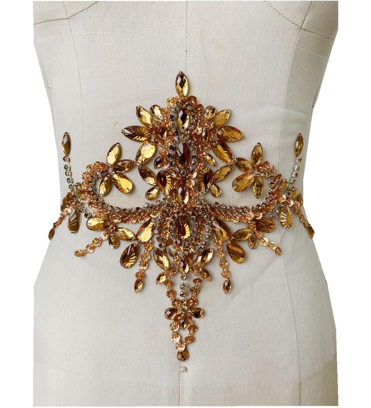 Handmade Rhinestone Patches Trim Crystal Beads Applique - Champagne - Buy Online on GoSupps.com