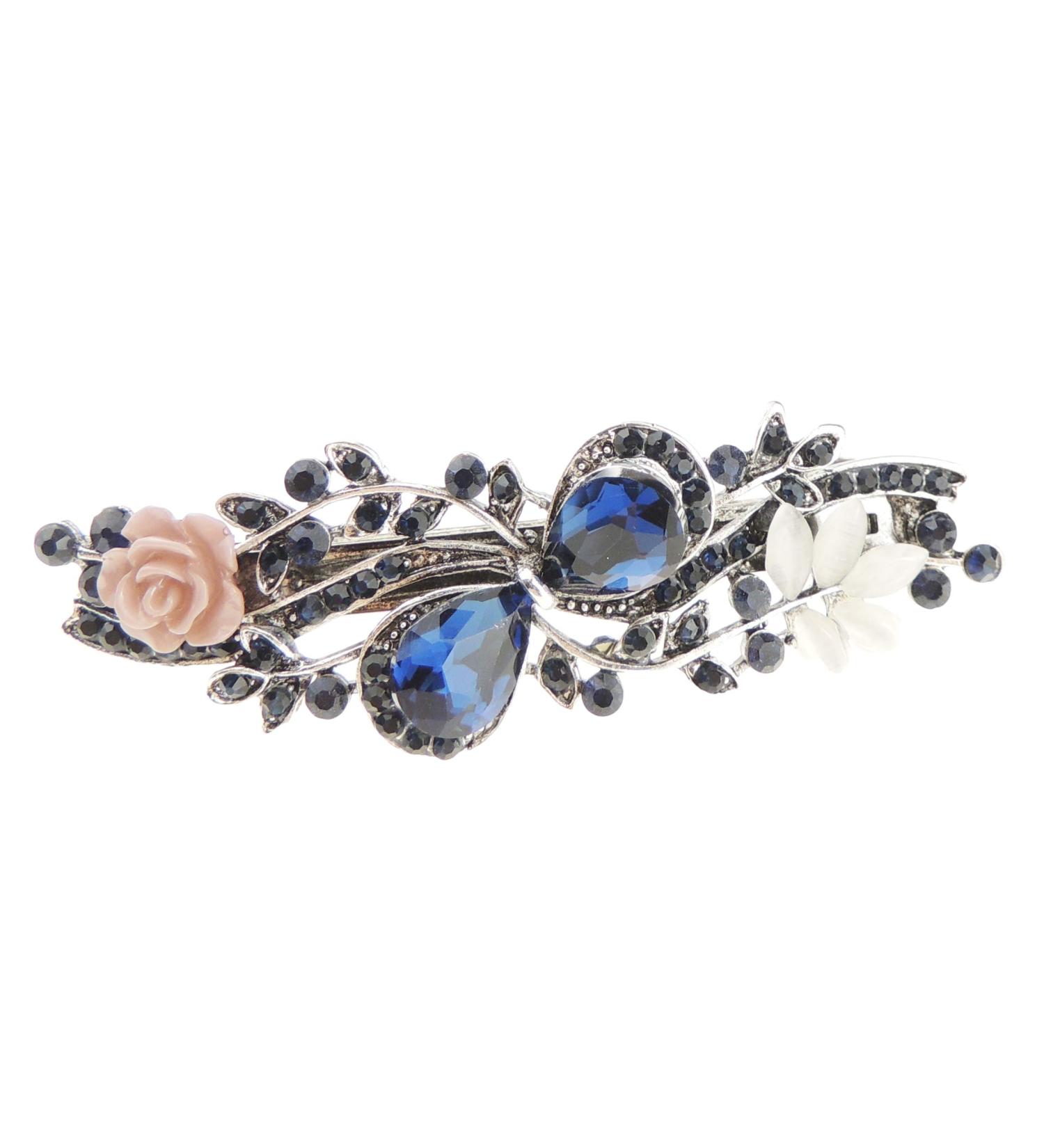 Womens Girls Vintage Look Crystal Diamante Wedding Birthday Party Evening Ponytail Fine Hair Accessories Occasion Barrette Hairpin Silver Tone Metal French Spring Clip Bow & Rose (Blue Pink)