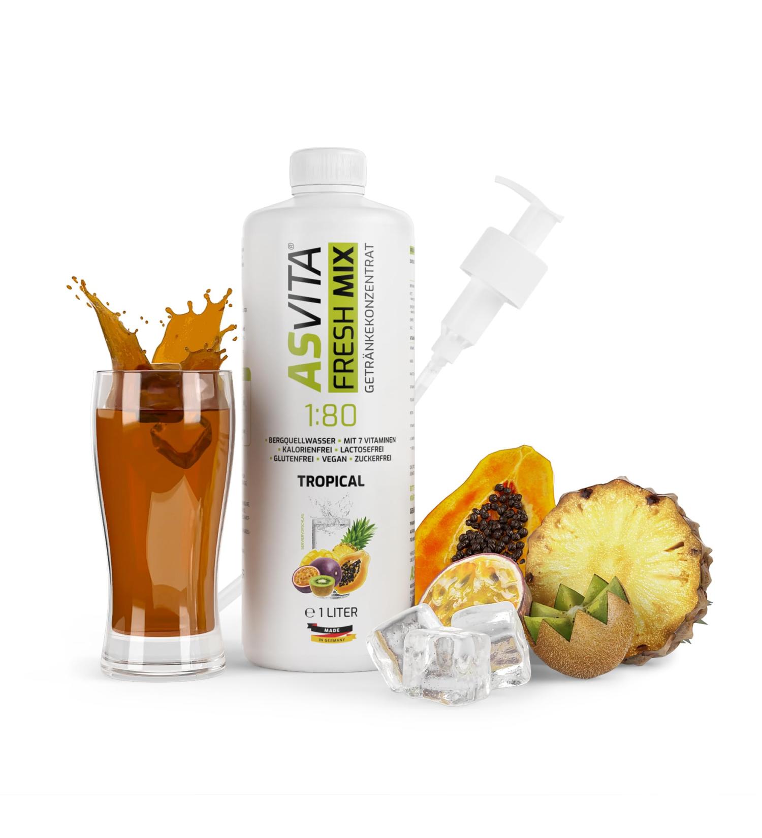 Asvita Beverage Concentrate Fresh Mix 1:80 - Sugar-Free Drink Syrup (1L with Pump) - 26 Tropical Flavors for International Shipping - Buy Online on GoSupps.com