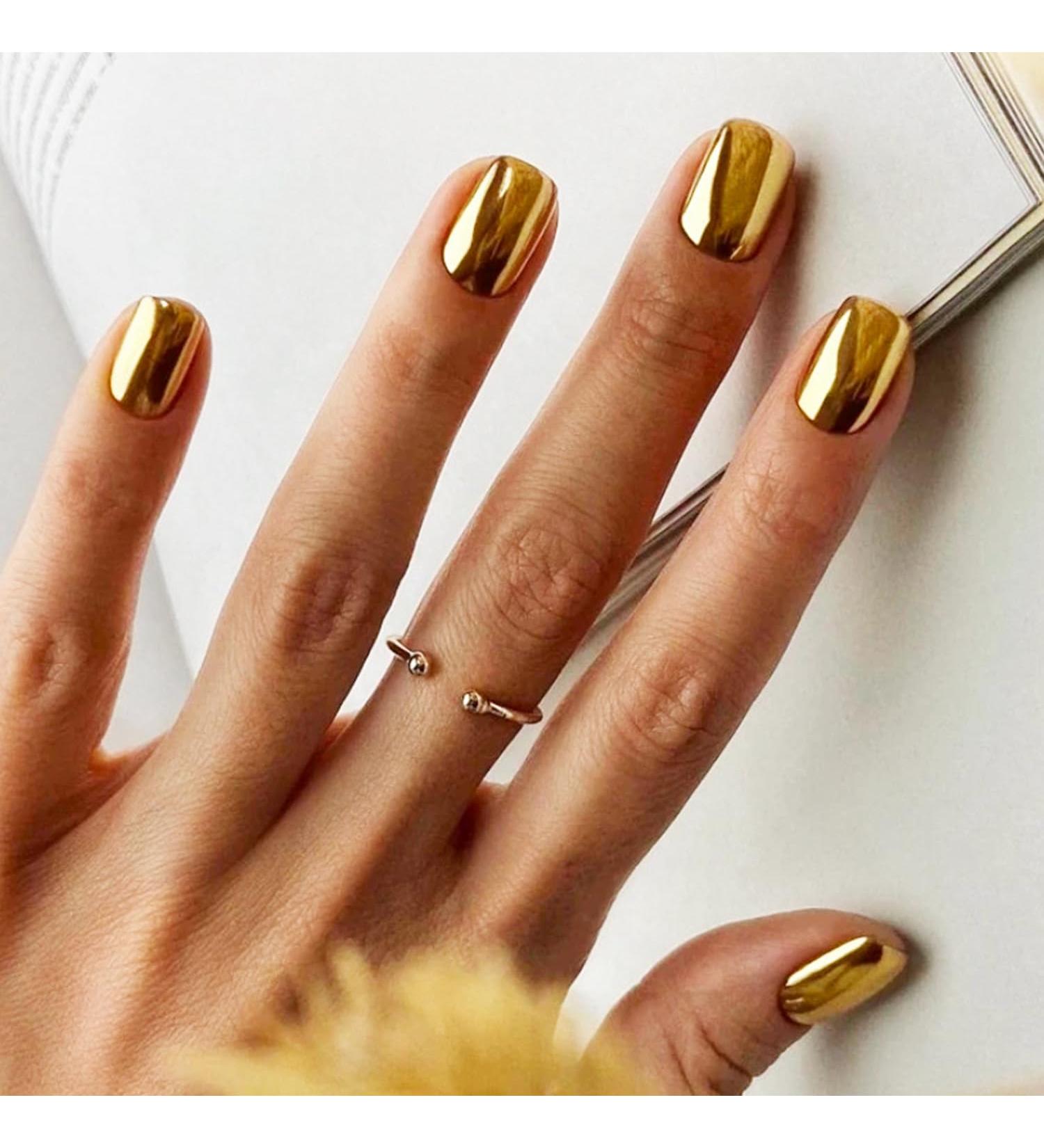 Gold Press On Nails - Short Square Fake Nails | Glue On Gold Mirror Design | Artificial Stick On Acrylic Nails for Women & Girls - Buy Online on GoSupps.com