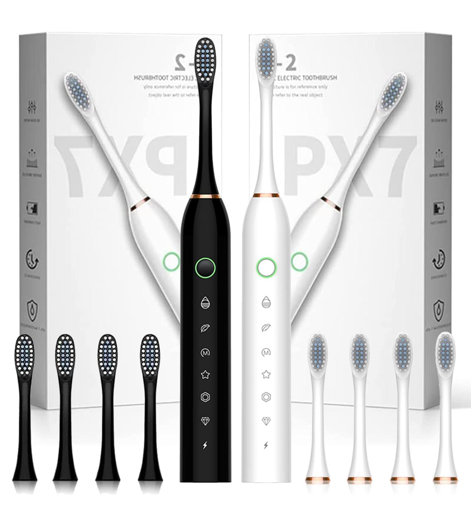 Apartment 2 Cards 2 Pack Sonic Electric Toothbrush - 6 Modes, 42000vpm, IPX7 Waterproof, 8 Brush Heads - Black+White - Buy Online on GoSupps.com