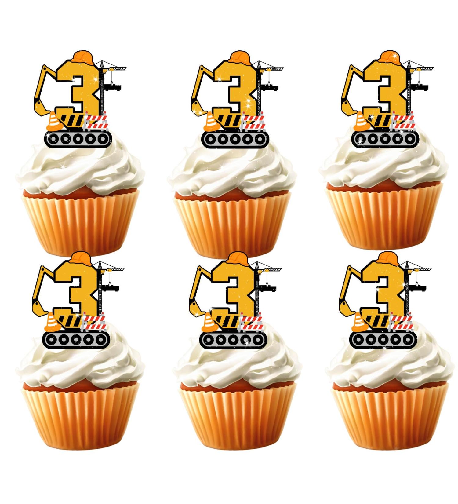 18pcs Construction Cupcake Toppers for Boys Girls 3rd Happy Birthday Construction Theme Party Supplies Yellow Number 3 Building Truck Excavator Cake Decorations - Buy Online on GoSupps.com