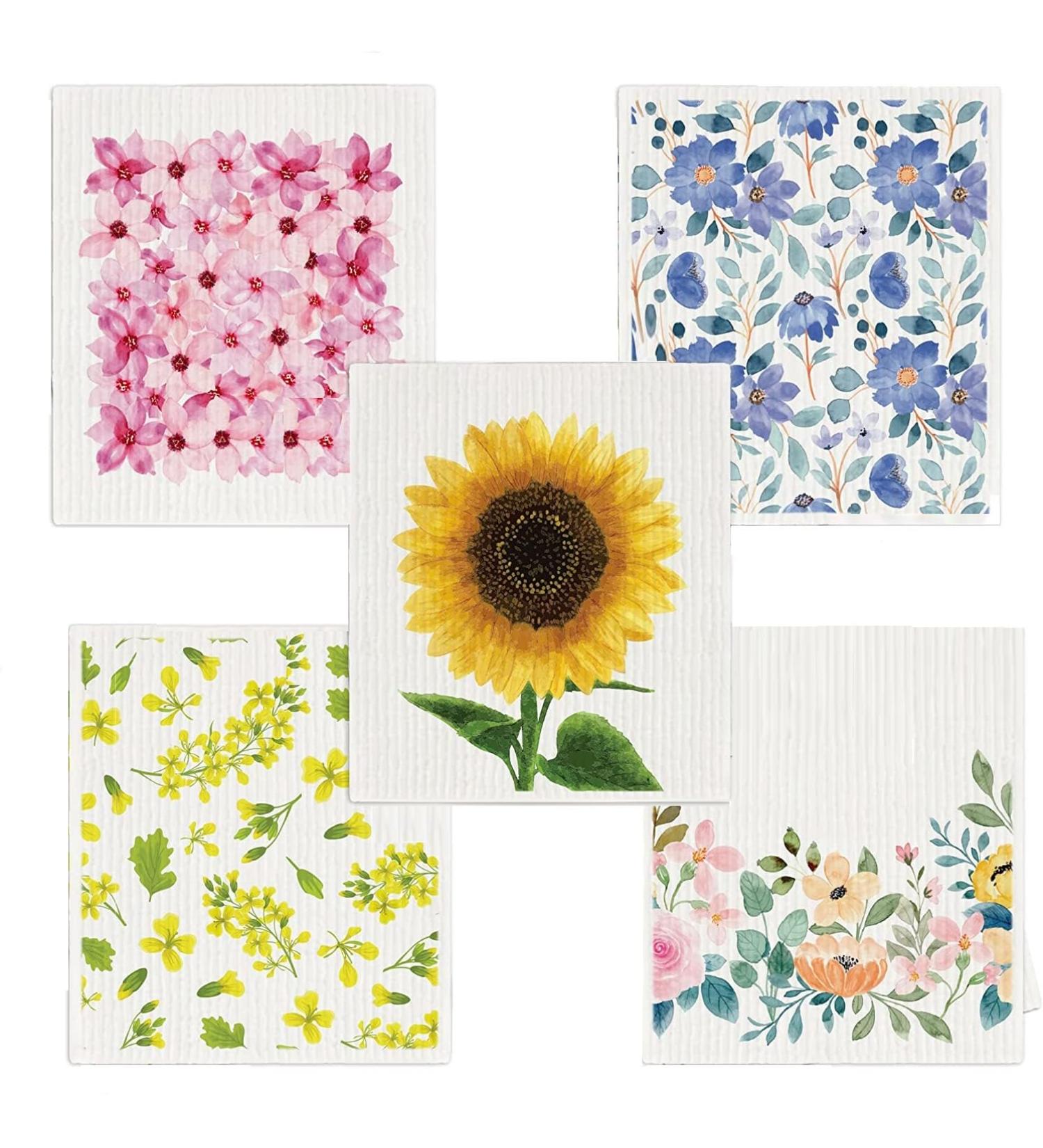 Pack of 5 Reusable Swedish Dishcloths Cellulose Sponge Cloths Eco-Friendly Absorbent Dish Cloth Kitchen Cleaning 100% Biodegradable (Botanical)