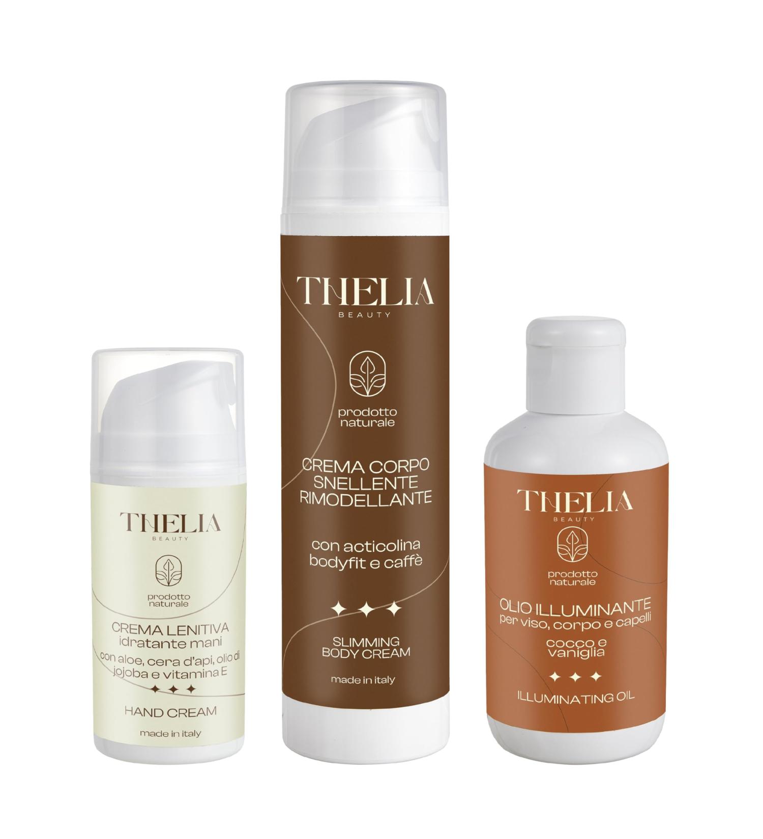 Thelia Beauty | Body Kit with Remodeling Slimming Body Cream Soothing Moisturizing Hand Cream and Illuminating Face Body and Hair Oil Paraben Free Natural Product Made in Italy - Buy Online on GoSupps.com