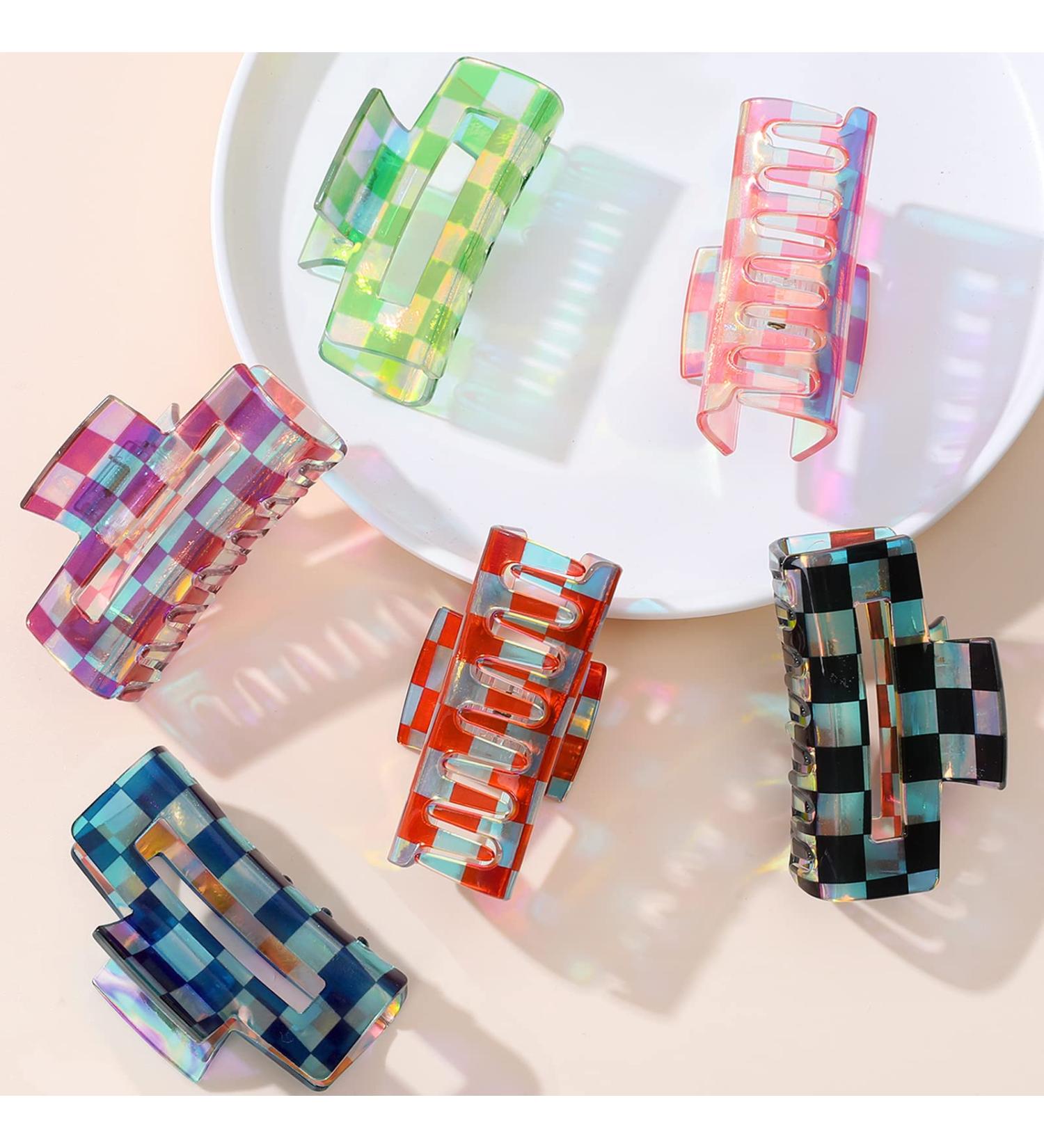 Whaline 6Pcs Colorful Checkered Hair Claw Clips - Y2K Rectangle Plaids Hair Jaw Clamp for Women and Girls - Non-Slip PVC Styling Accessories - Buy Online on GoSupps.com