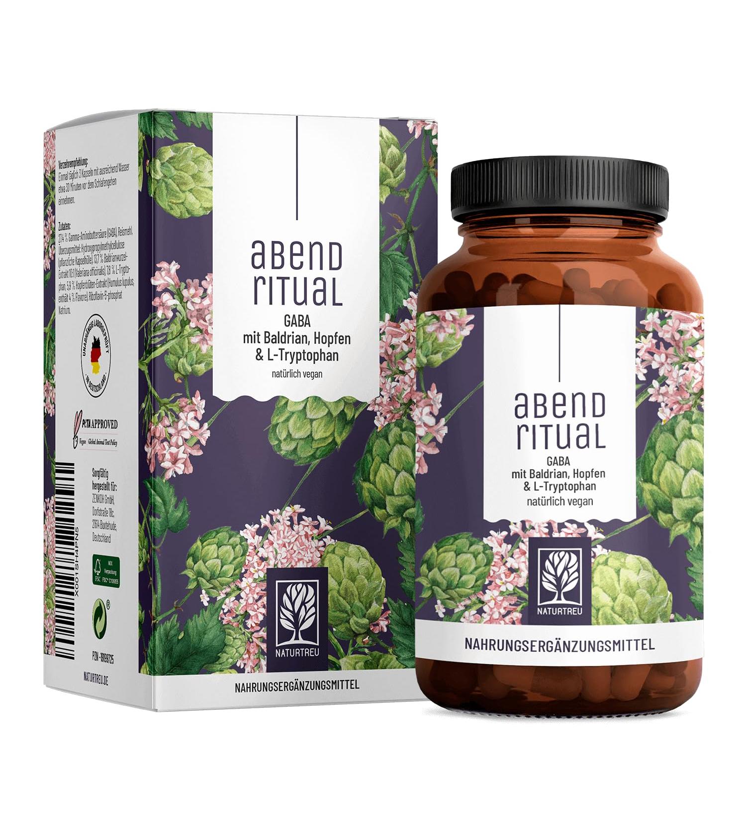 NaturTreu Evening Ritual Complex - High Dose GABA Capsules with Valerian Tryptophan & Hops - 90 Vegan Capsules No Additives - Buy Online on GoSupps.com