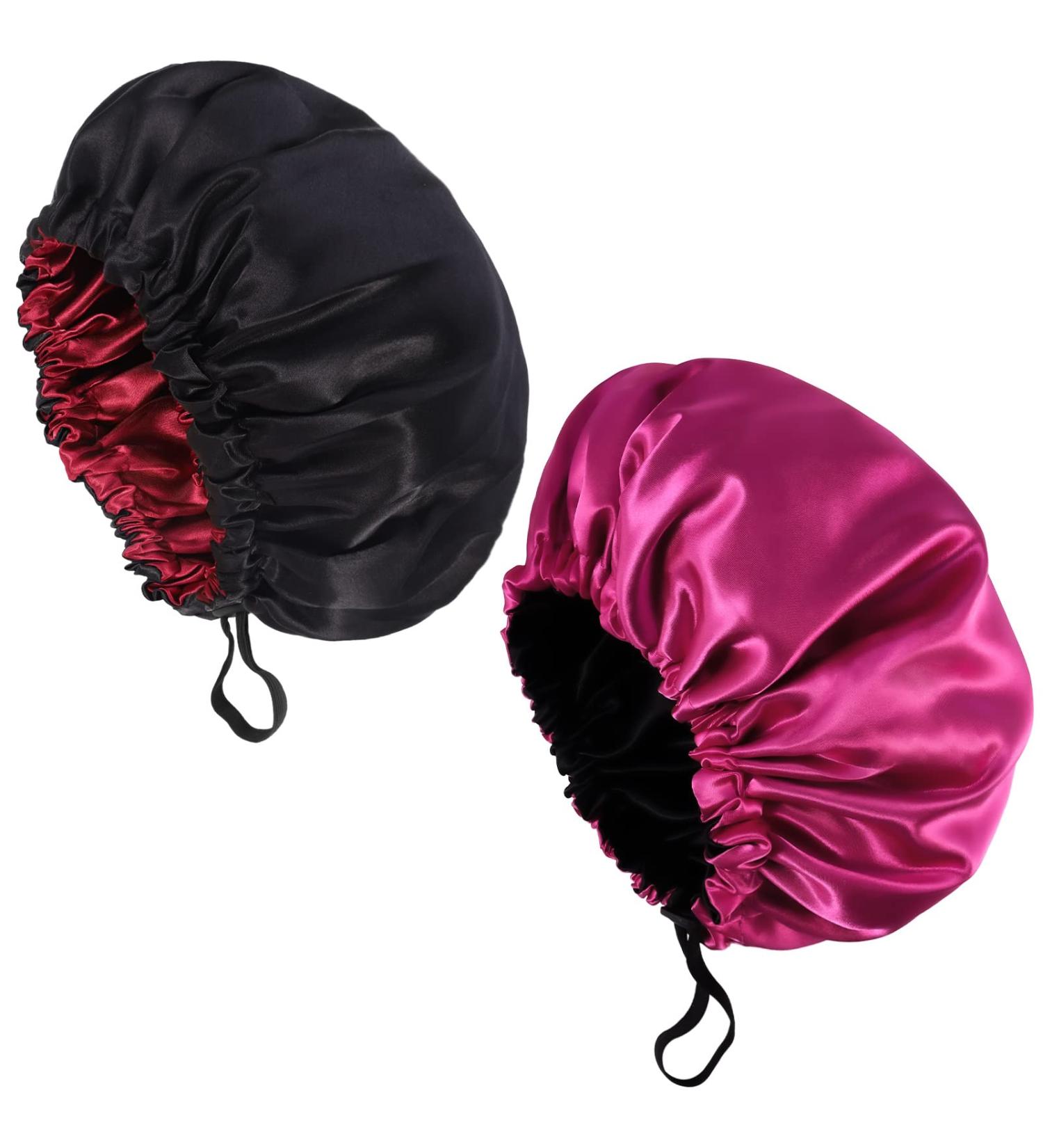 Fuyamp 2 Packs Satin Sleep Cap Adjustable Silky Sleep Bonnet for Women Long Curly Hair Double-Sided Waterproof Satin Hair Cap Extra Large Sleep Satin Bonnet for Women Girls Sleeping Black+Rose Red - Buy Online on GoSupps.com