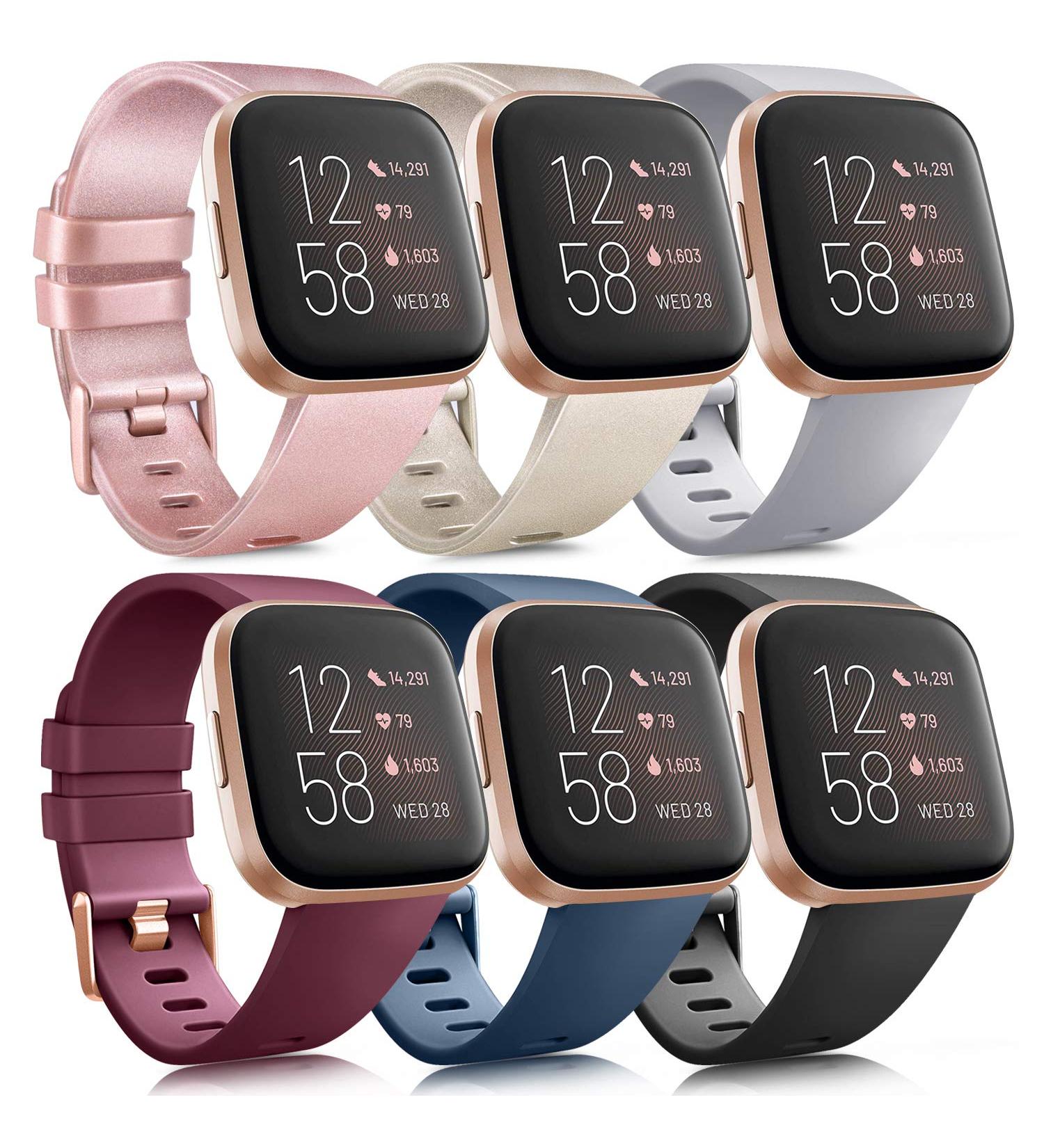 6 Pack Sport Bands Compatible with Fitbit Versa 2 / Fitbit Versa / Versa Lite / Versa SE  Classic Soft Silicone Replacement Wristbands for Fitbit Versa Smart Watch Women Men (6 Pack A  Large) Large Rose gold/Champagne gold/Gray/Wine red/Blue/Black - Buy Online on GoSupps.com