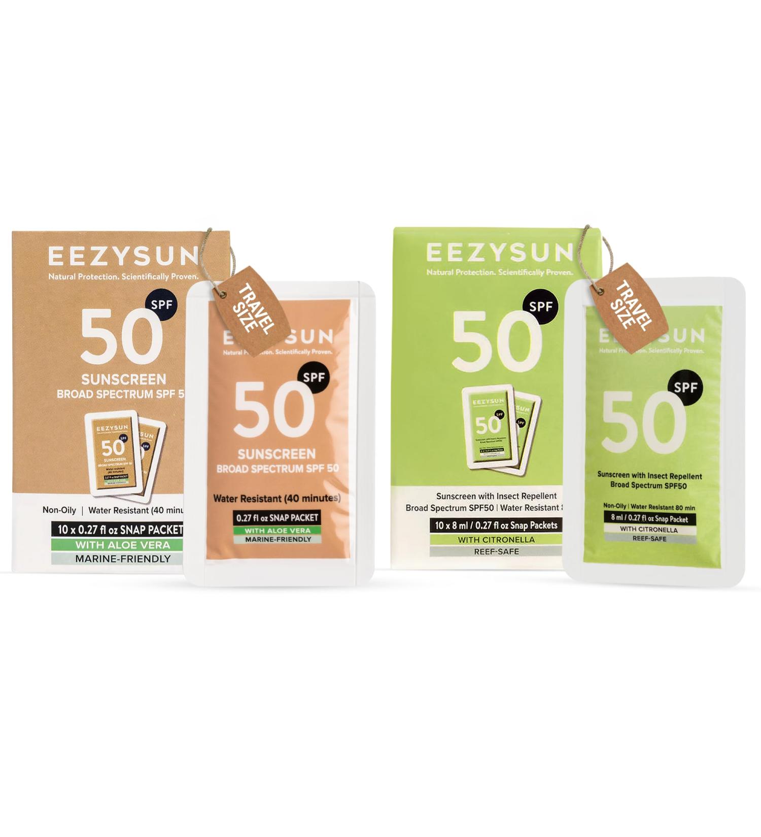 EEZYSUN Mineral SPF 50 Travel Sunscreen & Insect Repellent Snap Packets | Aloe Vera Citronella Lemongrass & Neem Oil | Vegan Reef-Safe Non-Oily Broad Spectrum UVA/UVB | 10 Pack (0.27 fl oz each) - Buy Online on GoSupps.com