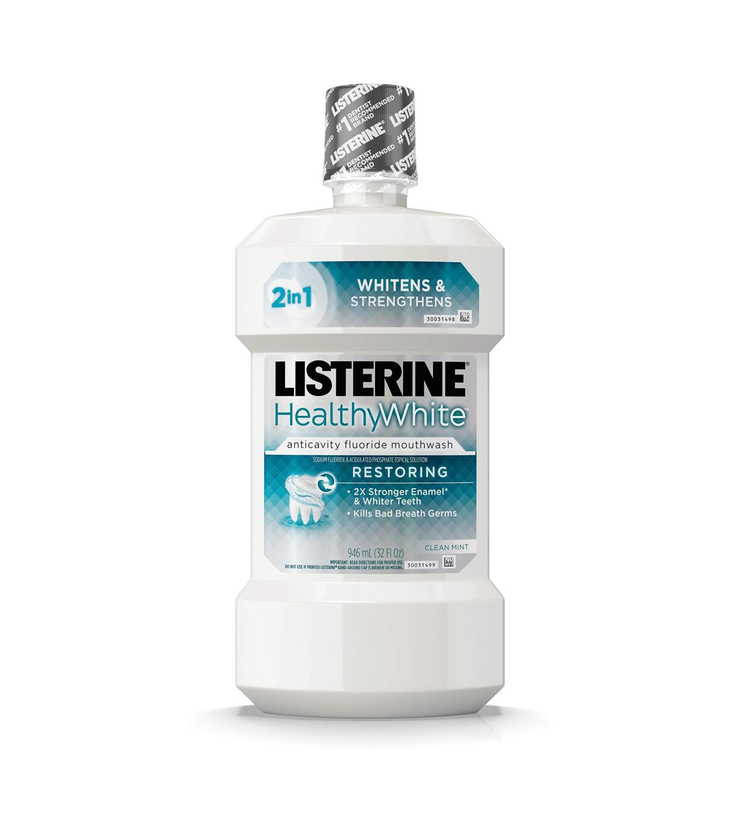 Listerine Healthy White Restoring Fluoride Mouth Rinse 32 fl. oz - Teeth Whitening & Enamel Restoration Mouthwash - Buy Online on GoSupps.com