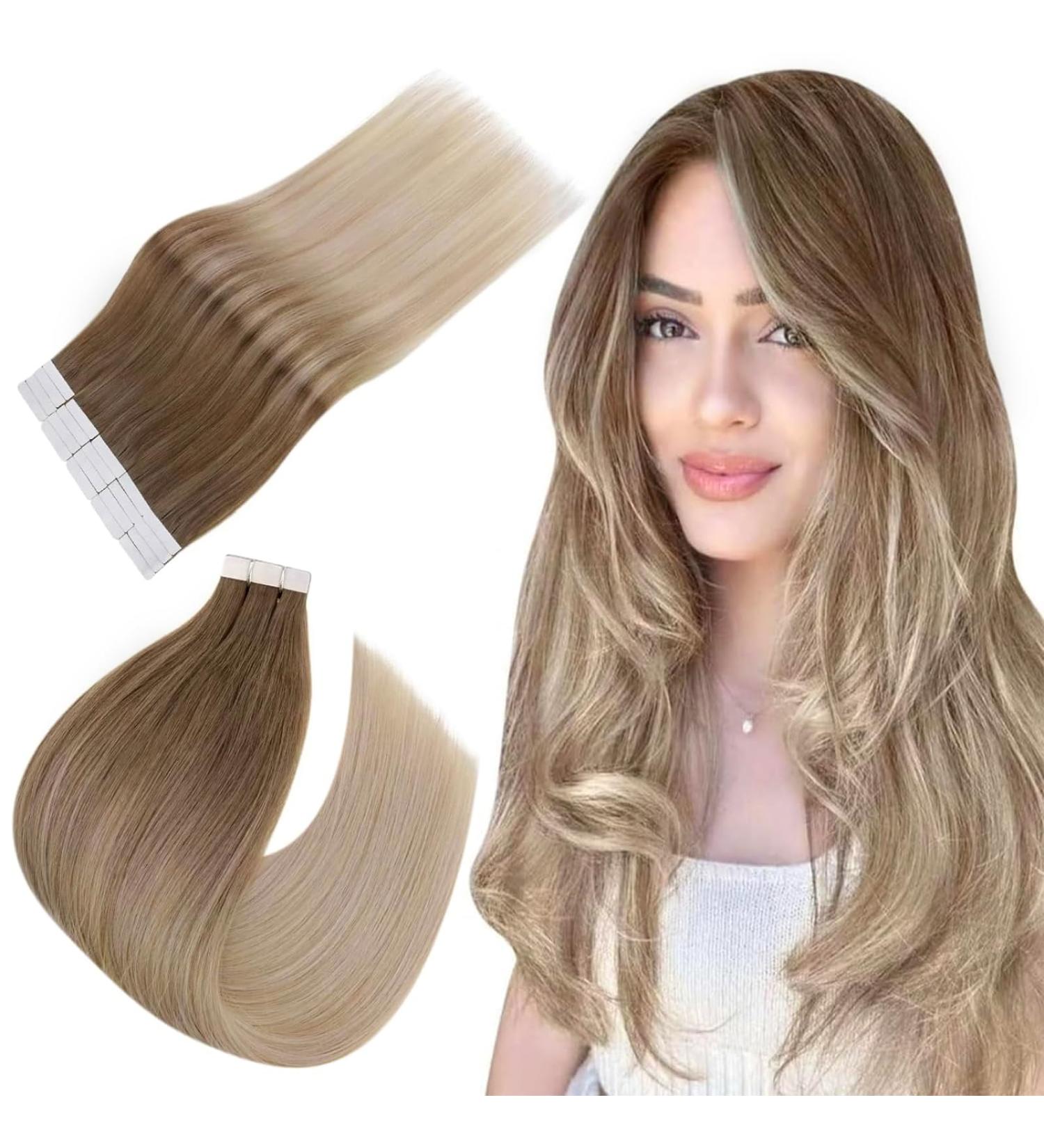 Easyouth Balayage Tape in Hair Extensions 14 Inch - Brown to Platinum Blonde Ombre - Real Human Hair 40g 20Pcs - #8/60/18 - Buy Online on GoSupps.com