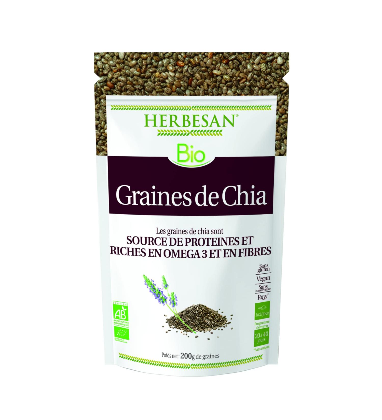 HERBESAN -CHIA SEEDS ORGANIC - Source of Protein & Rich in Fiber and Omega 3 - Bag of 200g - Buy Online on GoSupps.com