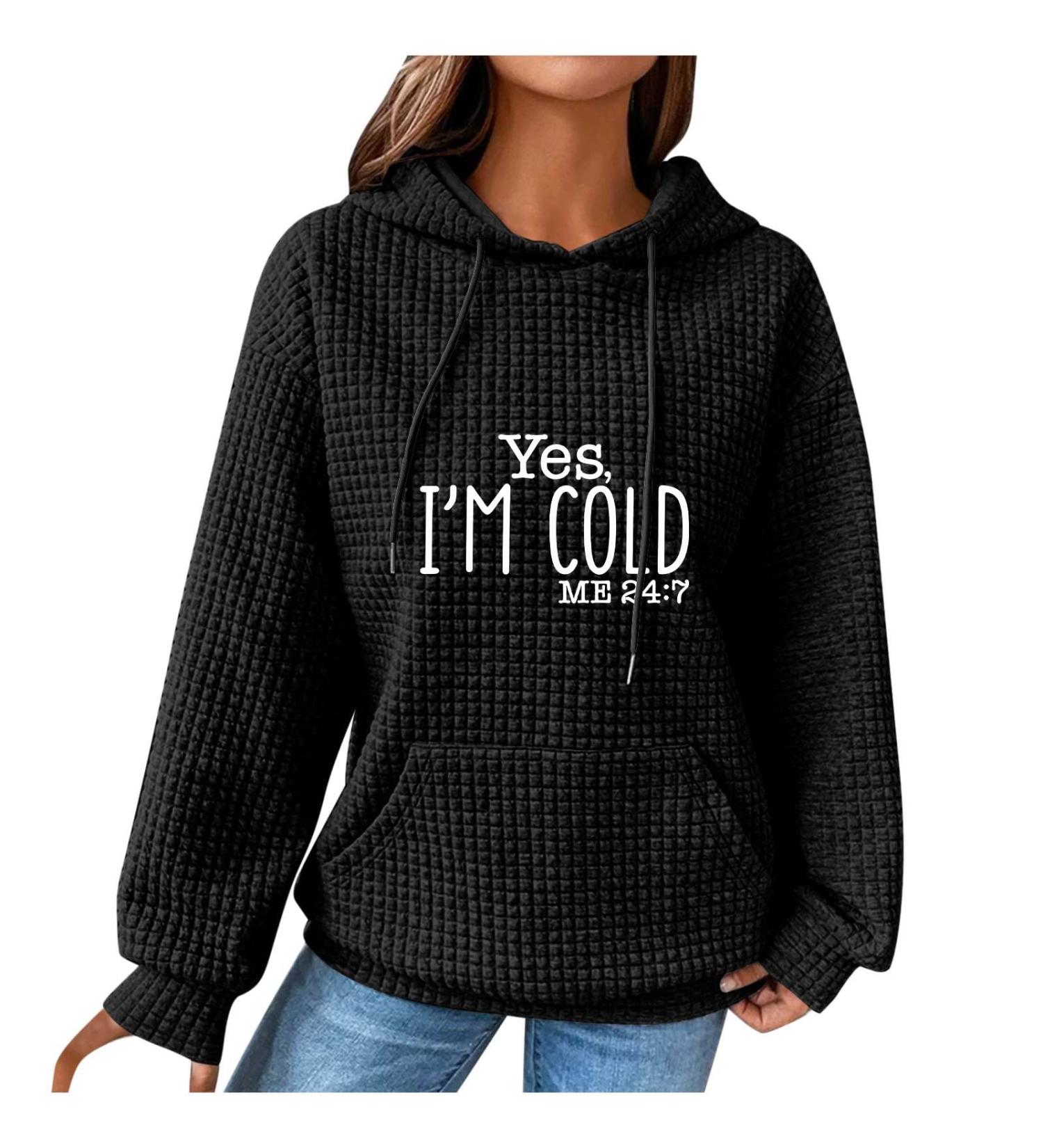 oelaio Yes I'm Cold Me 24:7 Waffle Knit Hoodie Women Sweatshirts Funny Letter Graphic Long Sleeve Sweater Fall Outfits Black Large - Buy Online on GoSupps.com