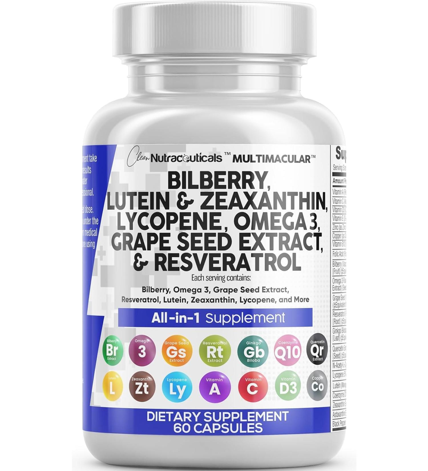 Clean Nutra Eye Vitamins with Bilberry Lutein and Zeaxanthin Supplements Lycopene 40mg Resveratrol Grape Seed Astaxanthin for Eyes - Eye Care Health Support Eye Vitamin and Mineral Supplement - Buy Online on GoSupps.com