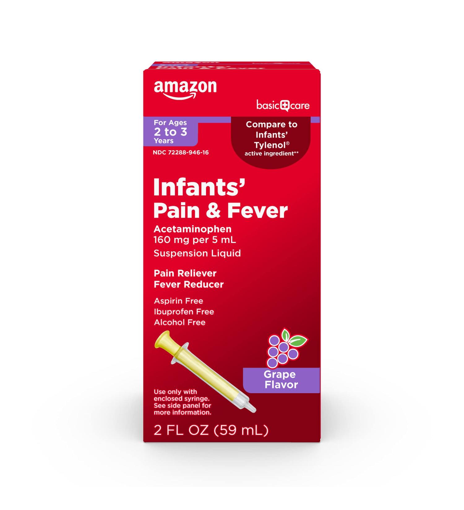 Amazon Basic Care Infants' Pain and Fever Relief | Grape Flavor Oral Suspension | 160 mg Acetaminophen per 5 mL | Fast & Effective Relief for Children | 2.0 fl oz - Buy Online on GoSupps.com