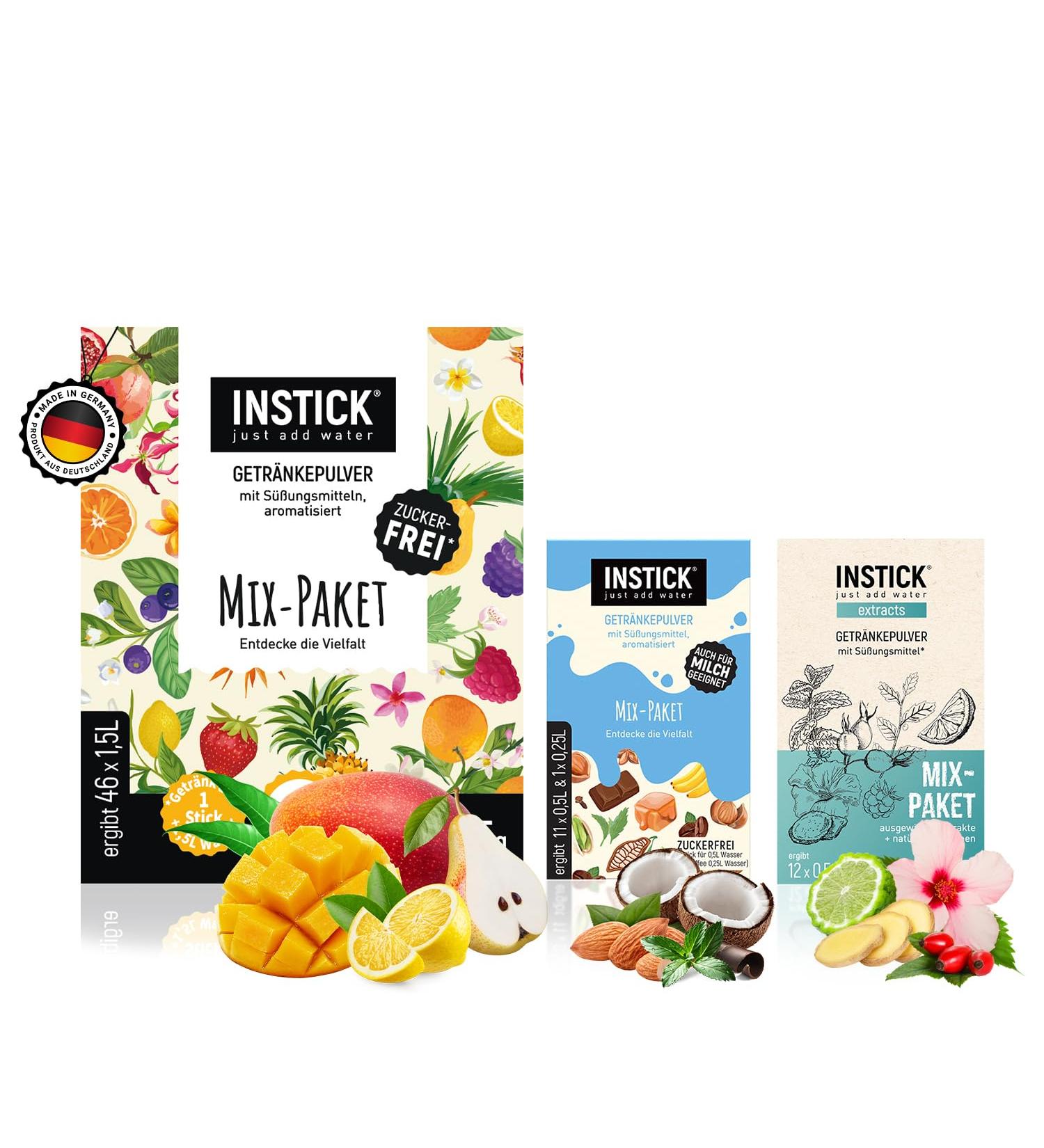 Instick Boisson instantan e sans sucre (pack conomique toutes les vari t s) poudre v g talienne faible en calories et vitamine C poudre instantan e 2 x 12 b tonnets et 1 x 46 b tons 1 b ton - Buy Online on GoSupps.com