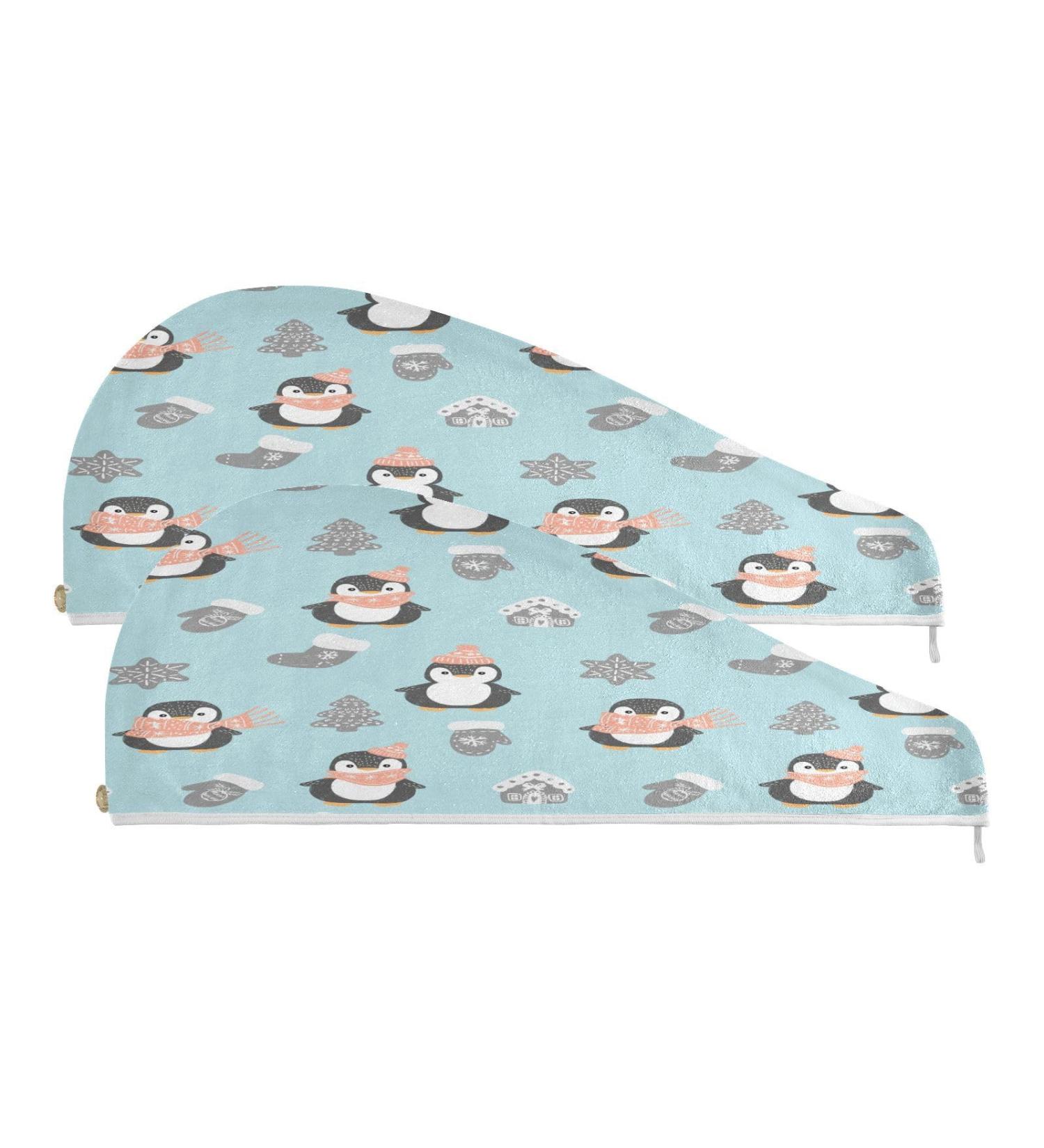 Cute Penguins Christmas Dry Hair Cap | 2-Piece Quick Drying Towel Set | Super Absorbent & Soft Button Headband - Buy Online on GoSupps.com