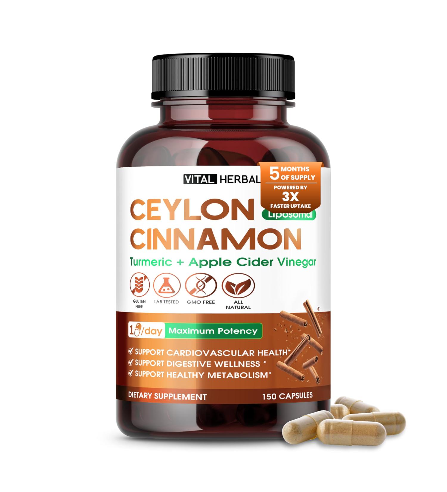Liposomal Ceylon Cinnamon with Turmeric & Apple Cider Vinegar Supports Heart Digestion & Metabolism 150 Capsules 150 count (pack of 1) - Buy Online on GoSupps.com