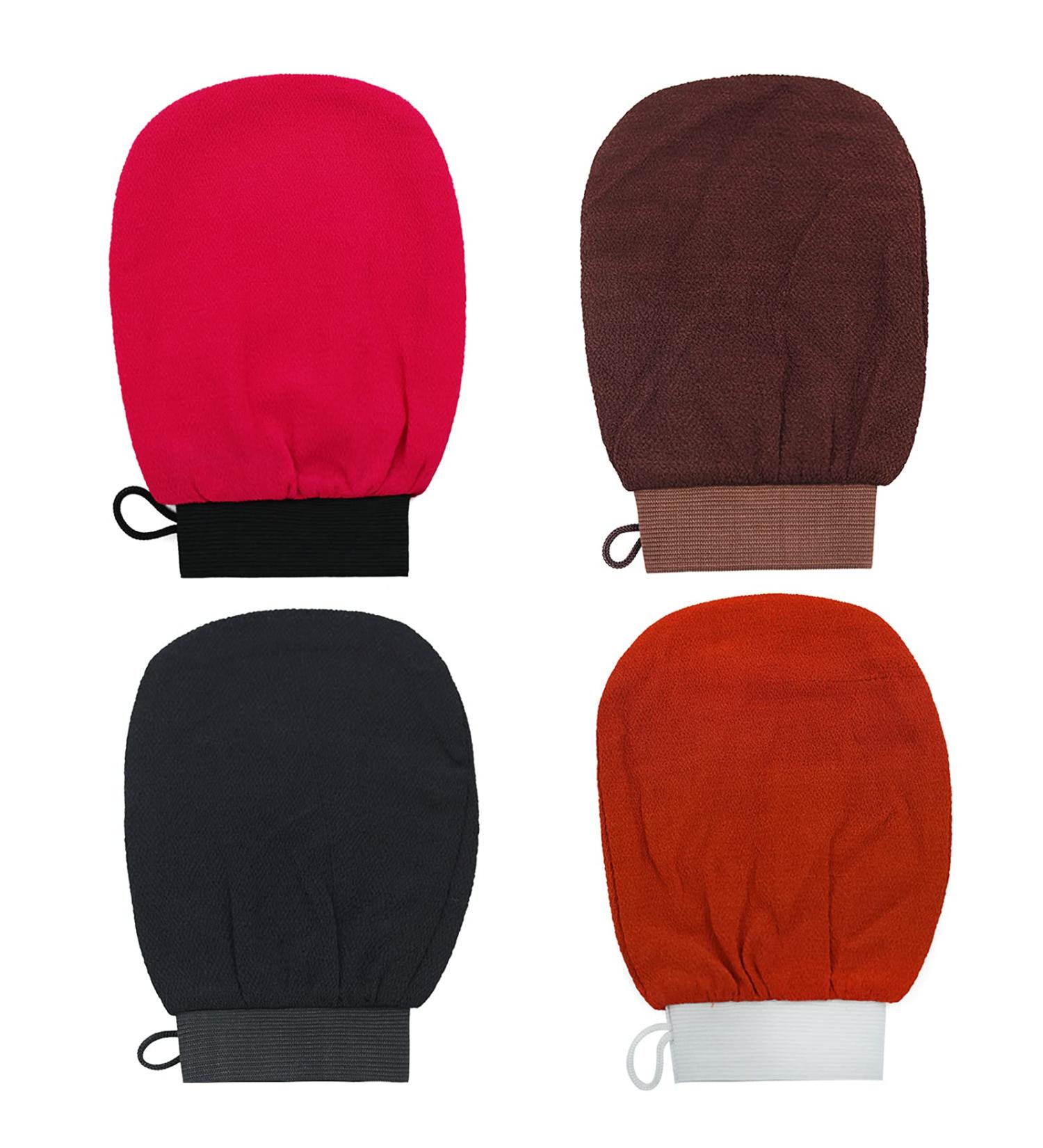 MOJOO 4-Piece Exfoliating Peeling Glove Set - Rough Bath & Shower Gloves in Black Orange Brown Rose Red for Smooth Skin - Buy Online on GoSupps.com