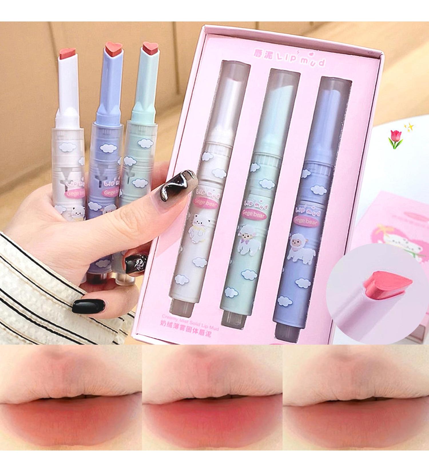 3 Colors Cute Love Lipstick Set - Heart Shape Velvet Matte Waterproof & Long Lasting Lip Clay for Girls | Non-Stick Cup Pack of 3 - Buy Online on GoSupps.com