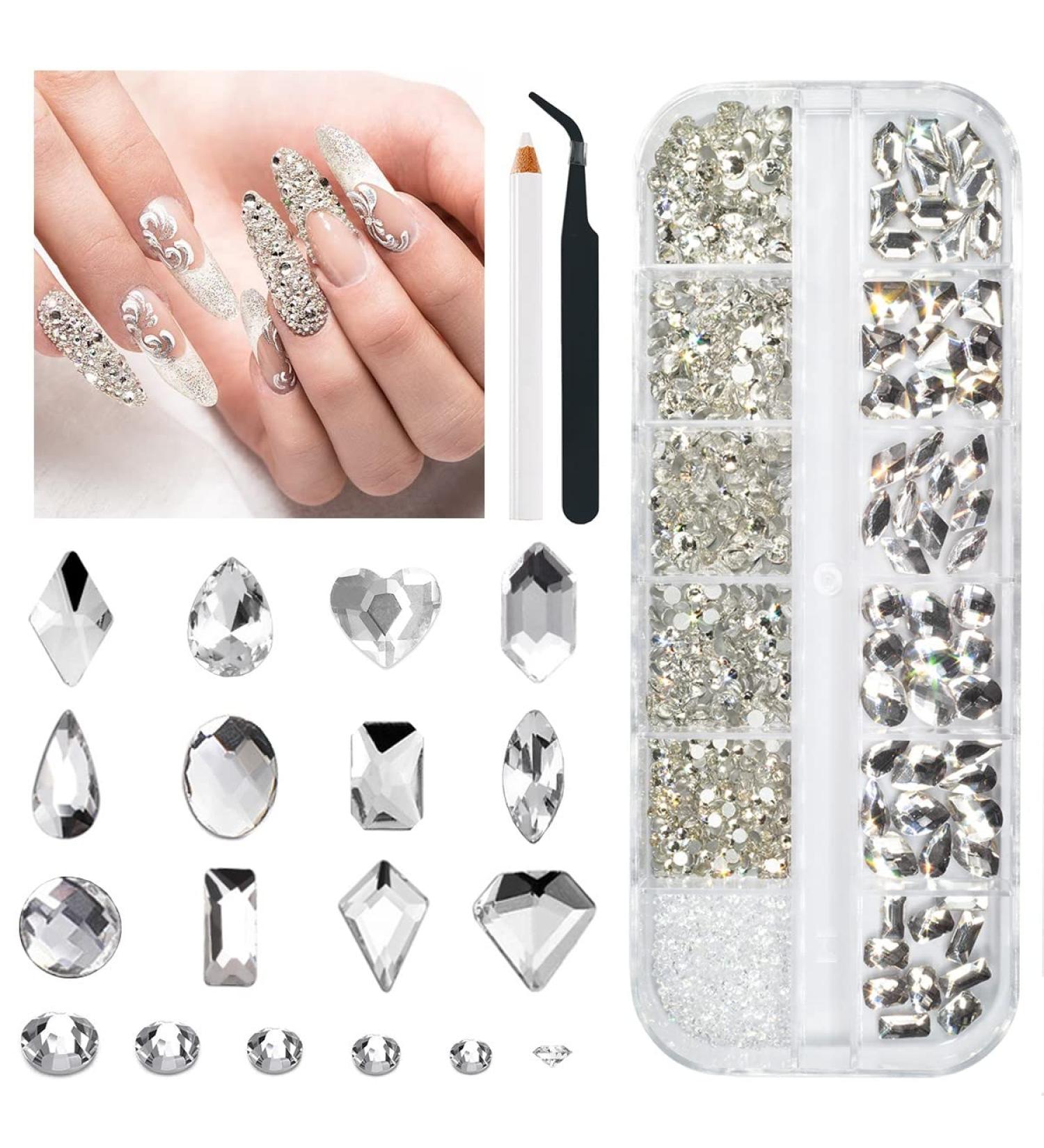 1300Pcs Crystal White Nail Art Rhinestones Kit - Multi-Shapes Flatback Rhinestones and Glass Stones for Nails, Faces, Eyes Makeup - Crystal Clear Charms and Diamonds Included - Buy Online on GoSupps.com