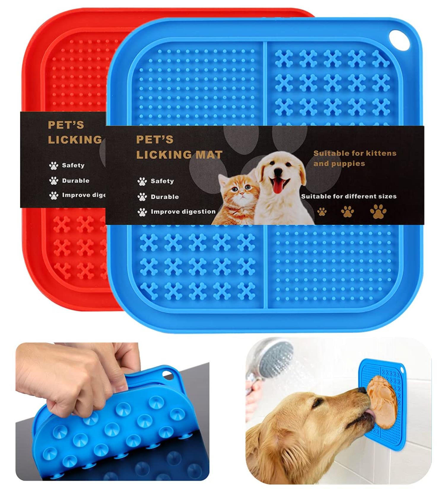 Slow Feeder Lick Mat with Suction Cups for Dogs & Cats | Anxiety Reducing Dog & Cat Slow Feed Bowls | Ideal for Bathing, Nail Trimming, Grooming | Blue & Red with Hooks - Buy Online on GoSupps.com