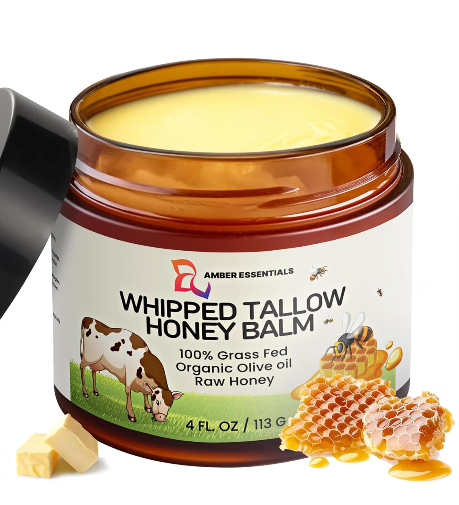 AMBER ESSENTIALS Organic Grass-Fed Beef Tallow and Honey Balm | All-Natural Moisturizer with Raw Honey & Olive Oil | Face + Body Cream for Dry Sensitive Skin Anti-Aging Cracks Acne-Prone Skin 4oz - Buy Online on GoSupps.com