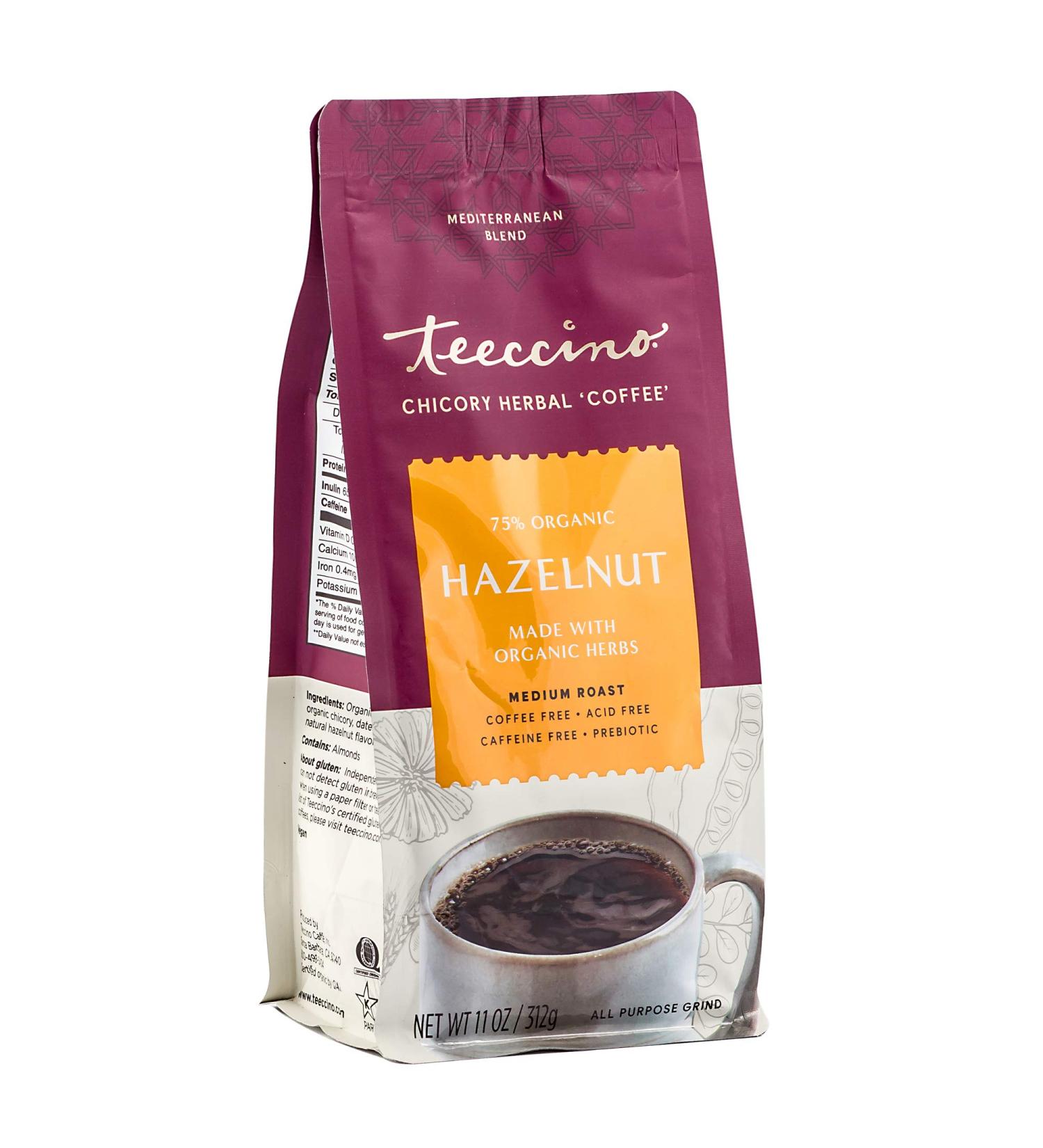 Teeccino Hazelnut Ground Herbal Coffee | Prebiotic, Caffeine-Free, Acid-Free, Medium Roast (11oz) - Buy Online on GoSupps.com
