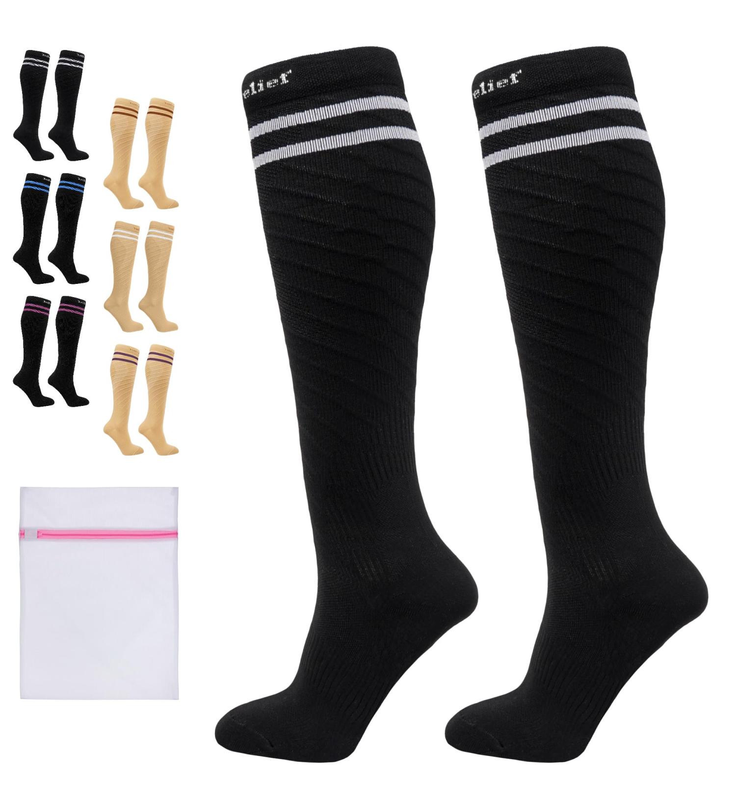 360 RELIEF - Flight Compression Socks Supports | Blood Circulation Travel Work L-XL 2Pairs-Black with 2 White lines - Buy Online on GoSupps.com
