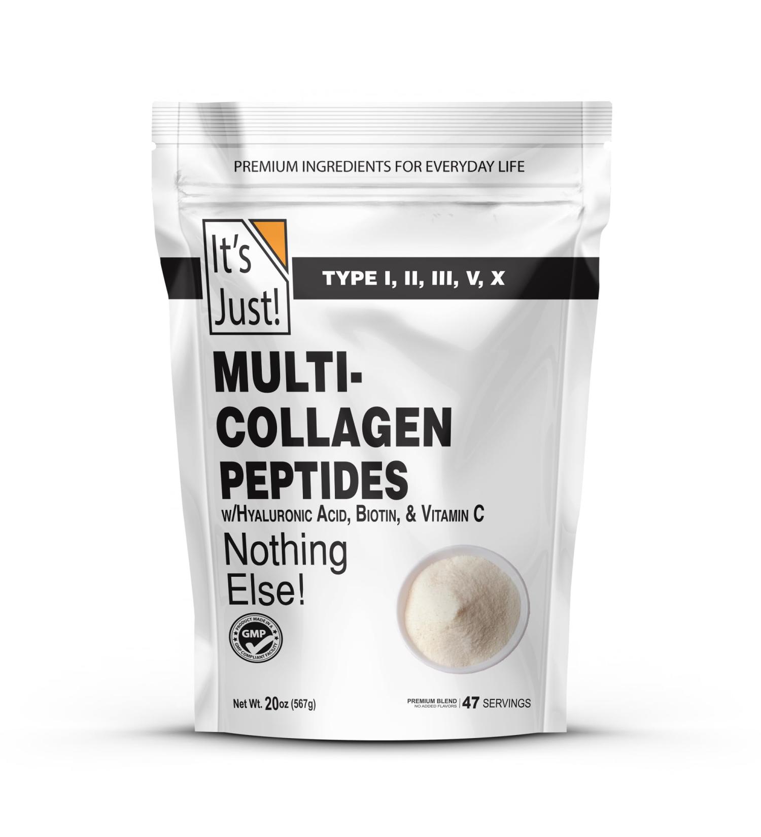 It's Just! - Multi Collagen Peptides (Types I II III V X) w/Vitamin C Biotin Hyaluronic Acid No Added Flavor Tested for Heavy Metals Gluten Free Non-GMO Unflavored / 20oz - Buy Online on GoSupps.com