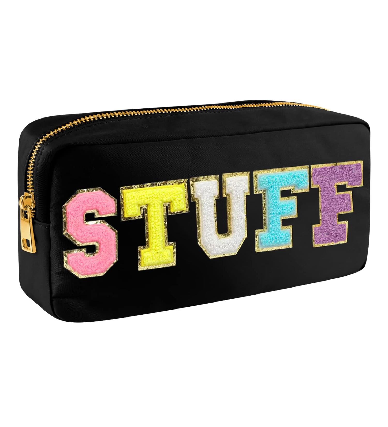 Chenille Letter Nylon Waterproof Makeup Bag for Women - Preppy Valentines Day Travel Organizer Pouch for Toiletries and Cosmetics Storage - Black - Buy Online on GoSupps.com