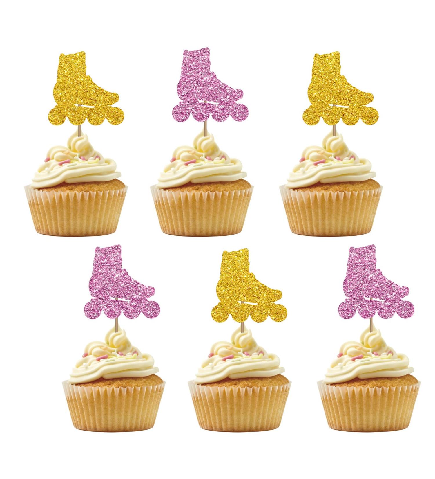 Set of 24 Roller Skates Cupcake Toppers for Boy Girl Birthday Gold & Pink Glitter Roller Skate Sign Cupcake Toppers Cake Decorations for 80s 90s Retro Hip Hop Skating Party Supplies - Buy Online on GoSupps.com