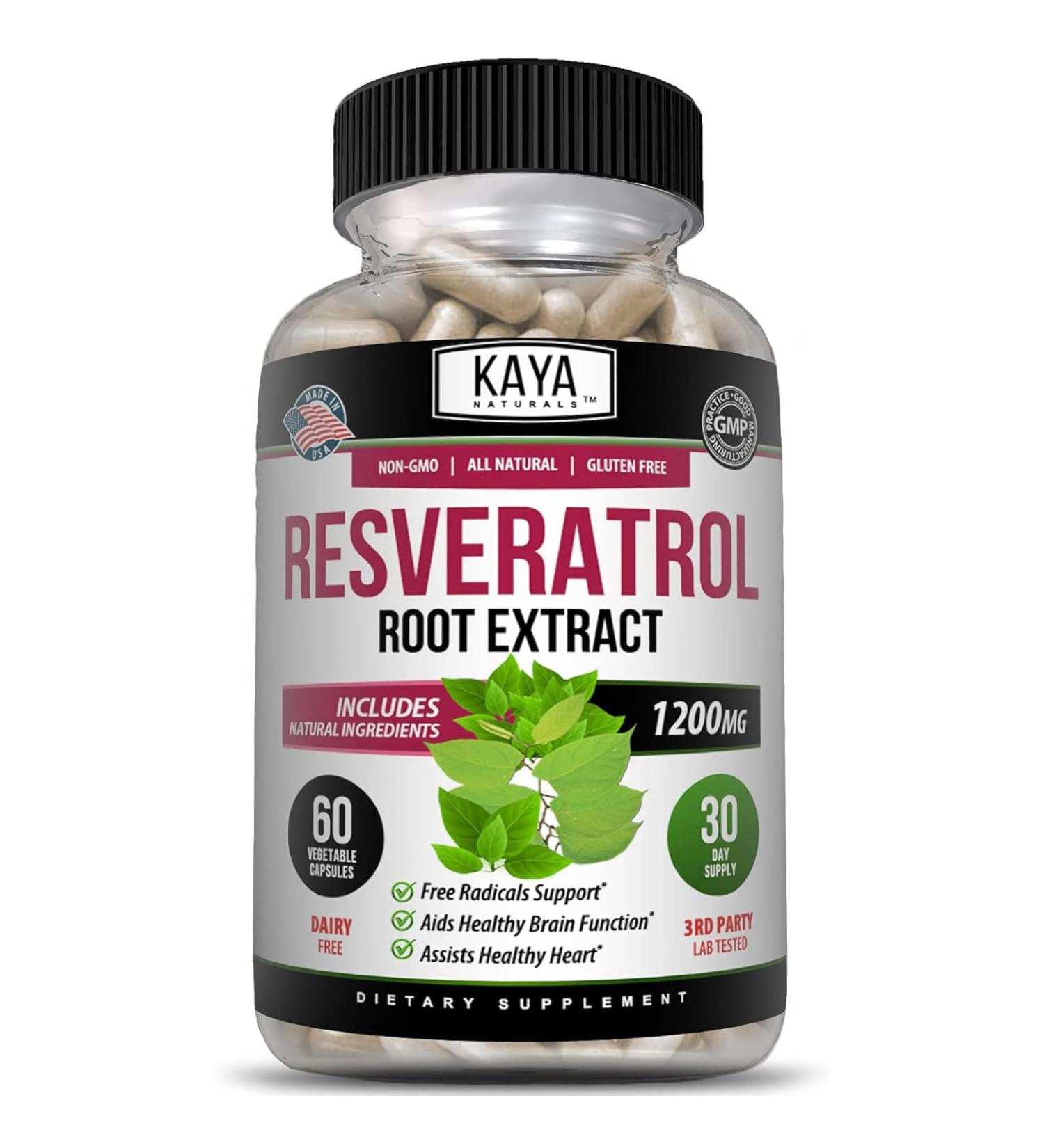 Kaya Naturals - Resveratrol Capsules - Anti Aging Supplement - Antioxidants with Brain Support - Maximum Benefits - 60 Veggies Capsules 60 Count (Pack of 1) - Buy Online on GoSupps.com