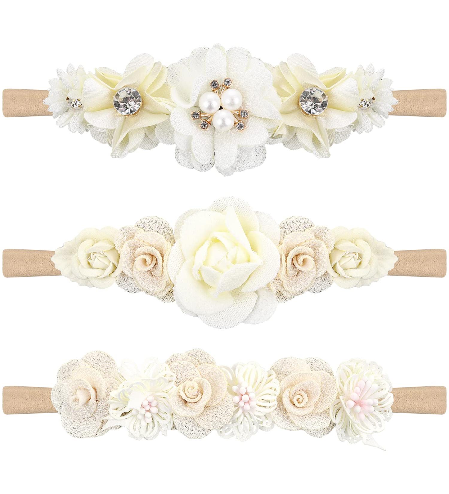 Lusofie 3Pcs Baby Flower Headband Set - Floral Infant Hair Accessories for Newborns and Toddlers - Buy Online on GoSupps.com