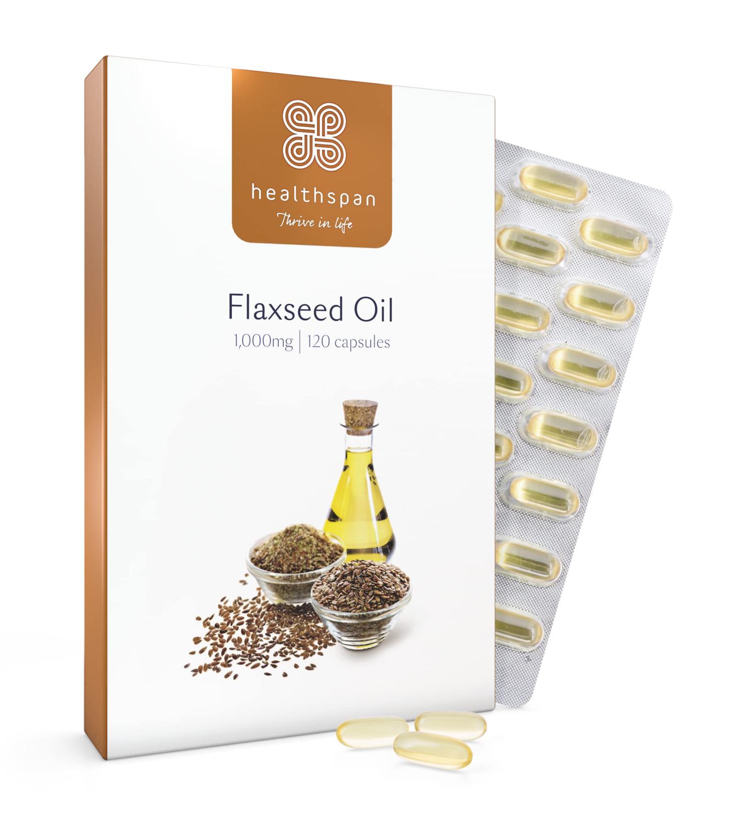 Healthspan Flaxseed Oil 1000mg | Omega 3 Fatty Acid ALA | 120 Capsules | Promotes Healthy Blood Cholesterol | Women's Vegan Supplement - Buy Online on GoSupps.com
