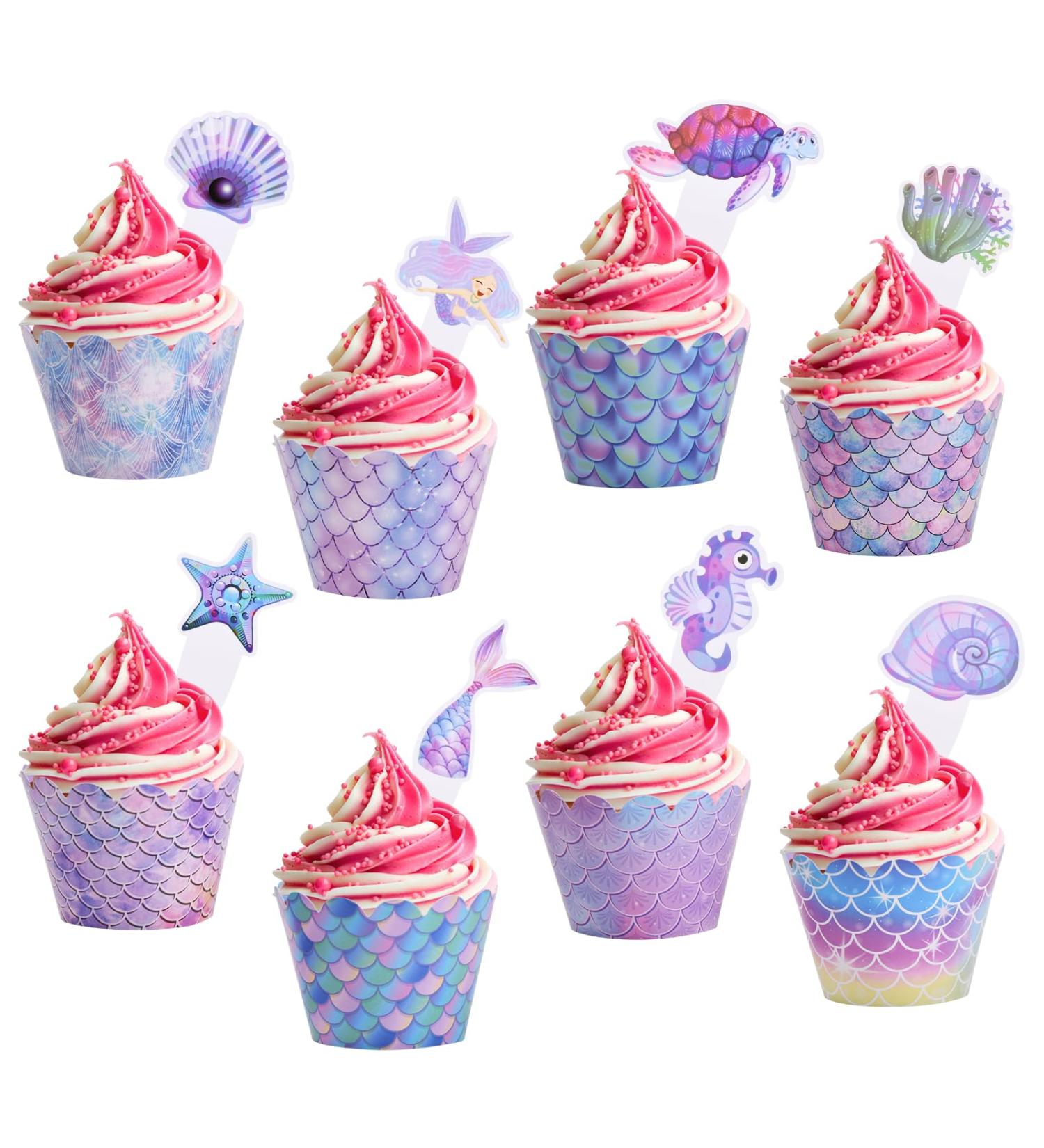 48Pcs Mermaid Cupcake Toppers and Wrappers: Undersea Delight for Girls' Birthday Parties Double-Sided Little Mermaid Theme Cake Decorations Ideal for Baby Showers and More - Buy Online on GoSupps.com