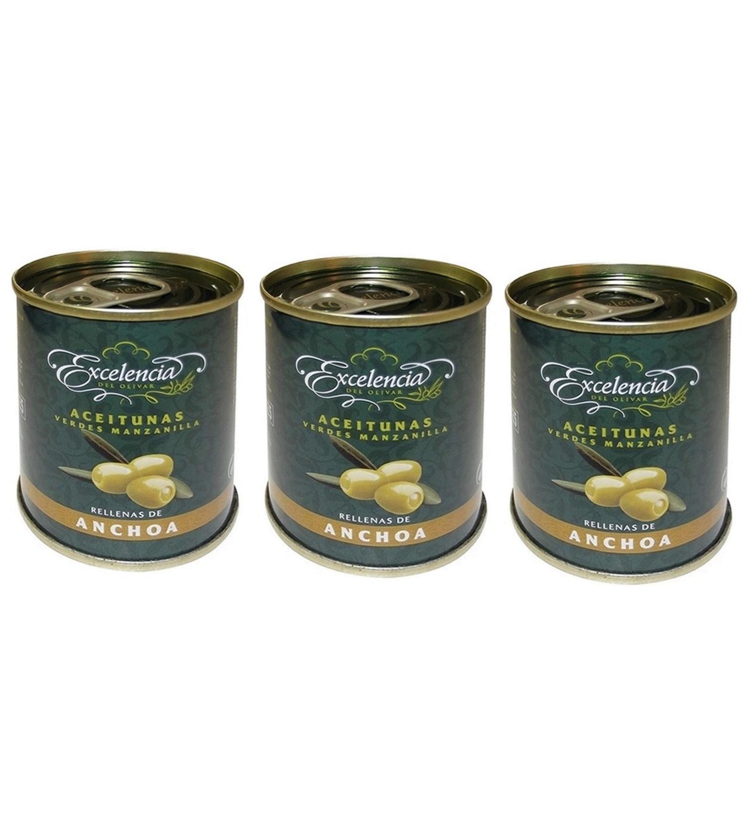 Green manzanilla olives stuffed with anchovies 120 g, set of 3 boxes.