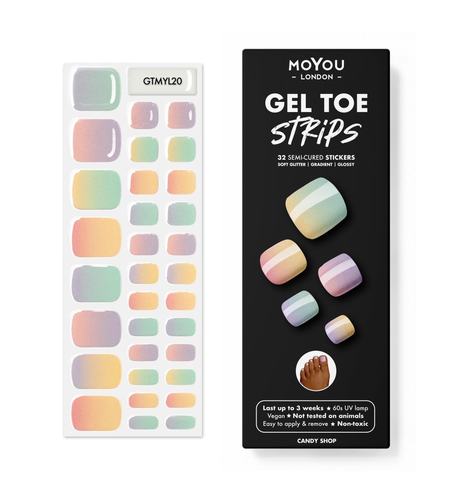 MOYOU LONDON Semi Cured Gel Nail Strips 32 Pc. Gel Wraps for Nails Easy Apply & Remove for Salon-Quality Pedicure Works with Any Nail Lamps - Candy Shop Pastel Ombre