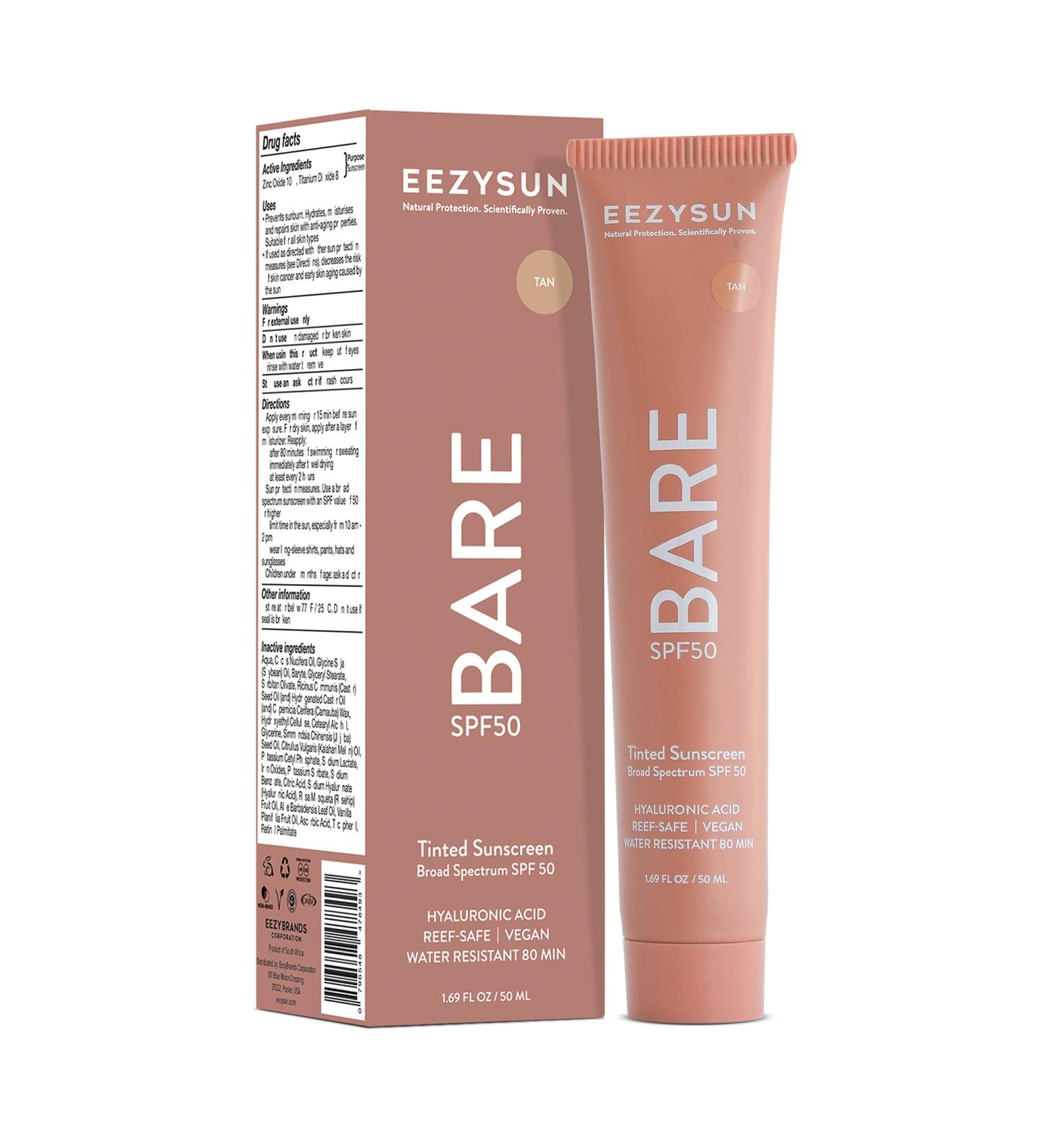 EEZYSUN BARE Tinted Sunscreen SPF 50 Non-Greasy Water-Resistant Vegan & Reef-Safe with Hyaluronic Acid & Jojoba Oil 1.69 fl oz Tan - Buy Online on GoSupps.com